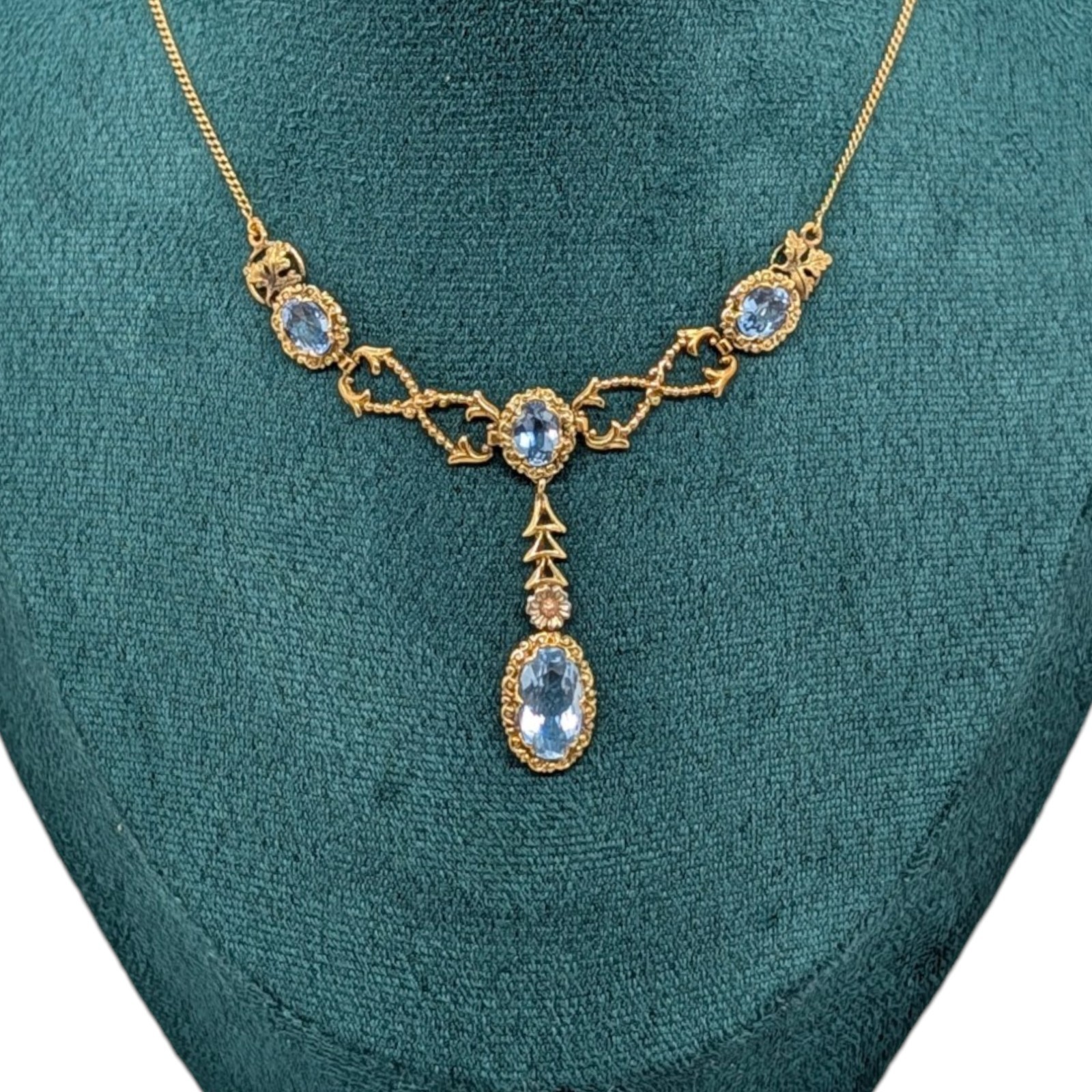 Antique 14K Gold Aquamarine Drop Necklace Blue Gemstone 8.52g 36cm