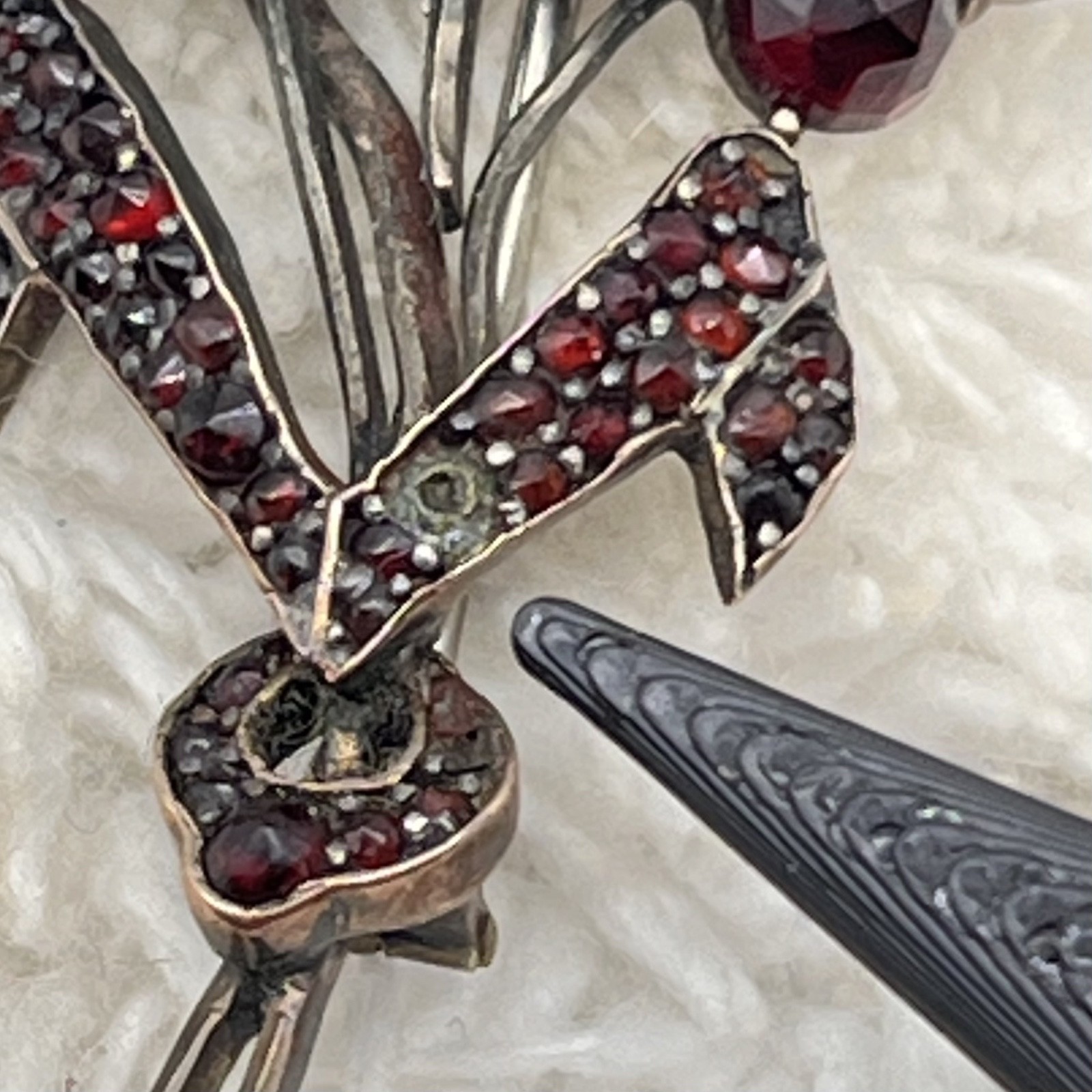 Antique Bohemian Garnet Brooch Flower Pin Tube Hinge C Clasp AS IS 2.25″