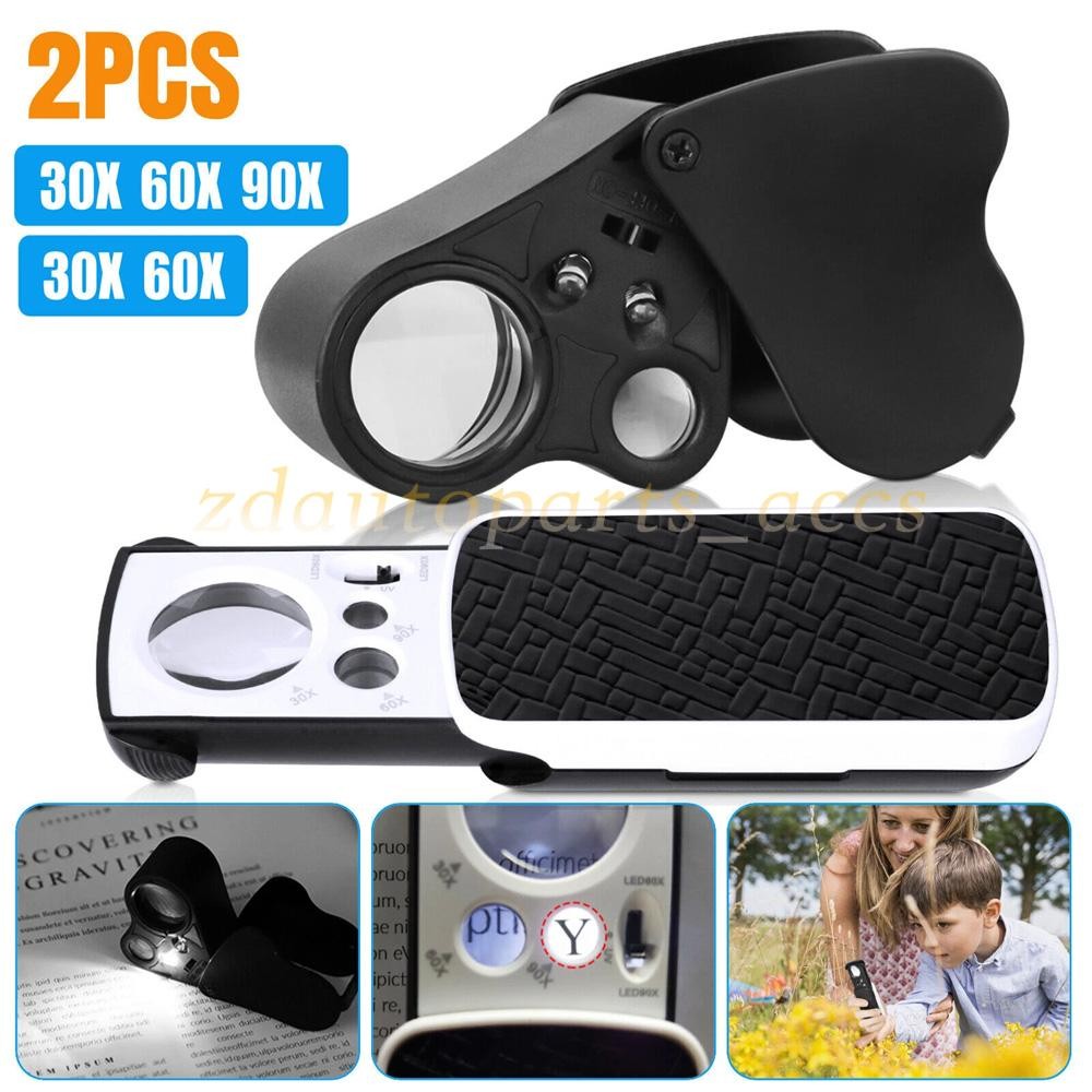 2Pcs 30X 60X 90X Magnifying Jewelry Eye Glass Magnifier Jewelers Loop LED Light