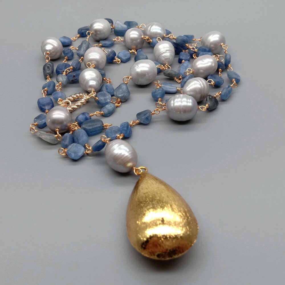 21″ Blue Kyanite Gray Rice Pearl Necklace Teardrop Brushed Gold Plated Pendant