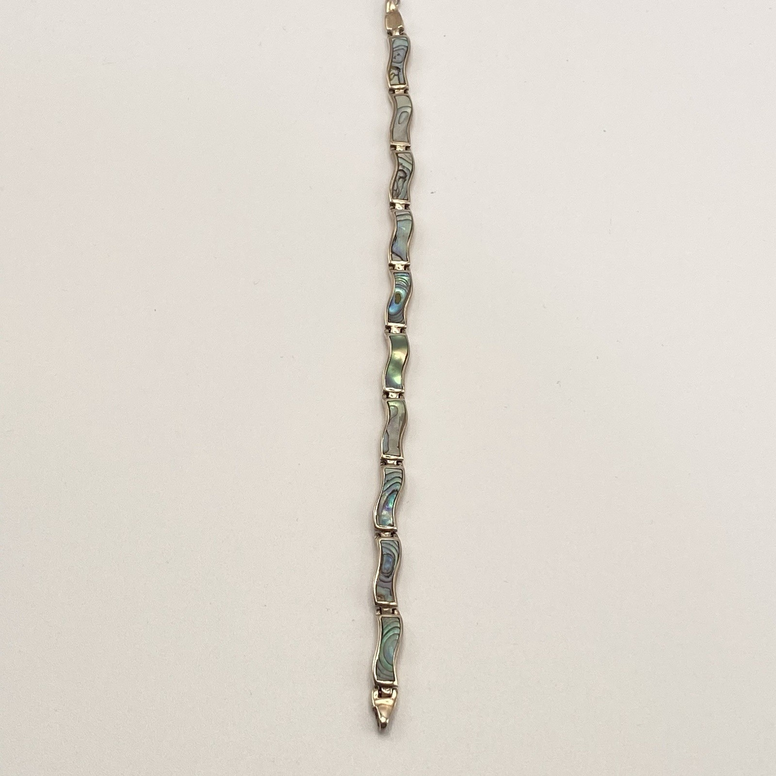 925 Sterling Silver Bracelet Blue Green Abalone Shell Inlay Wavy Link Vtg 7.25”