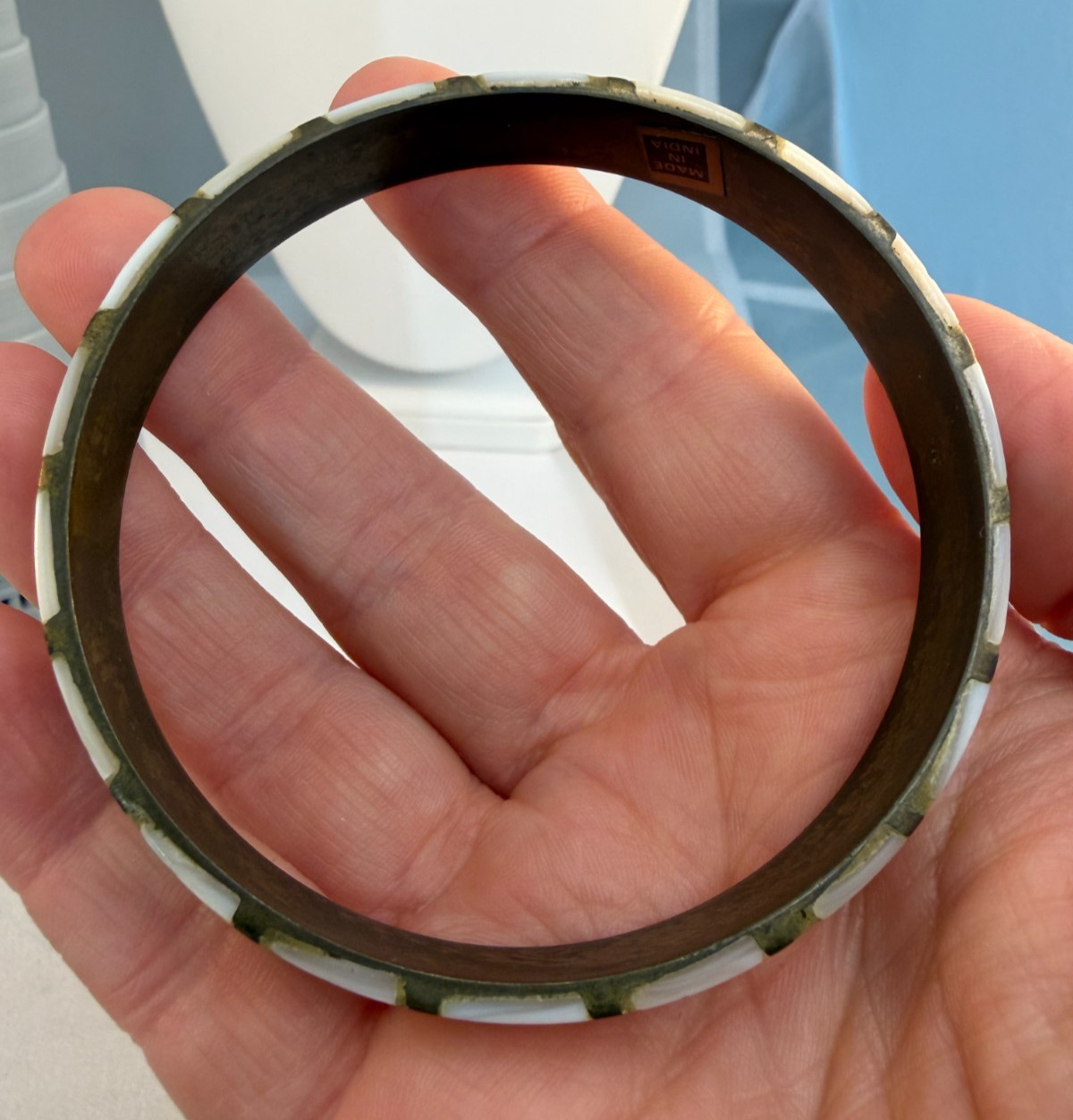 Vintage 1970s Brass Bangle Stack Mother of Pearl Dyed Bovine Inlay Boho Green