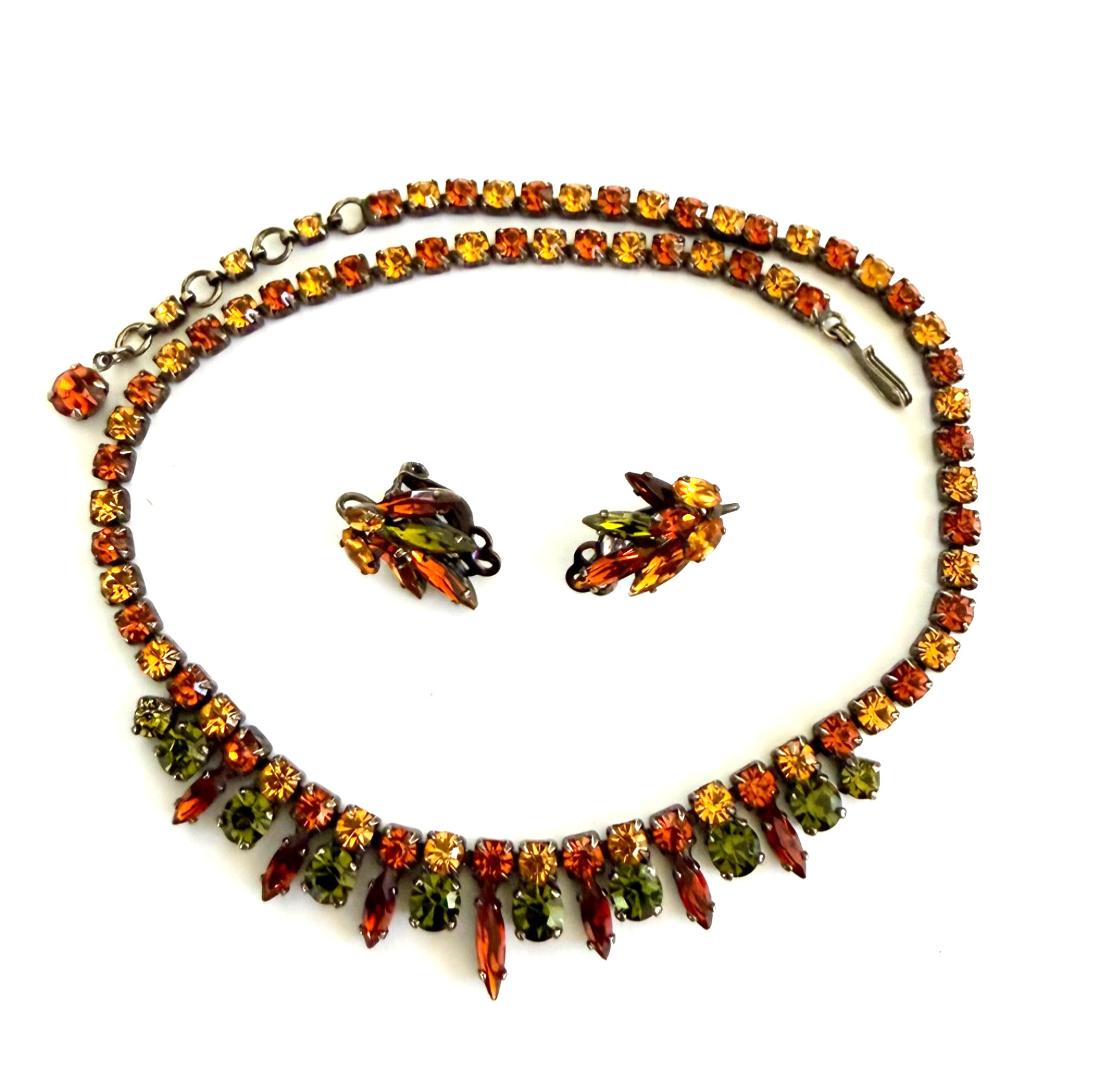 Rare Vintage Sherman Swarovski crystal Autumn colors necklace & earrings mint!