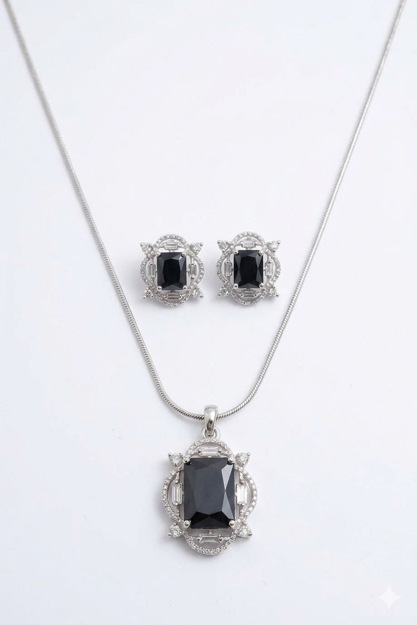 Vintage Style Red Stone American Diamond Silver Pendent Set With Chain Earring