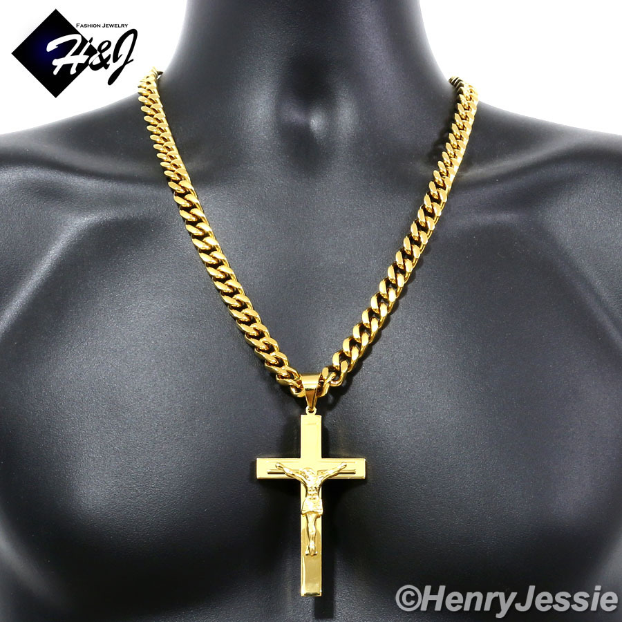 18″-40″MEN Stainless Steel 9x4mm Gold Plated Cuban Curb Chain Cross Pendant*GJ1