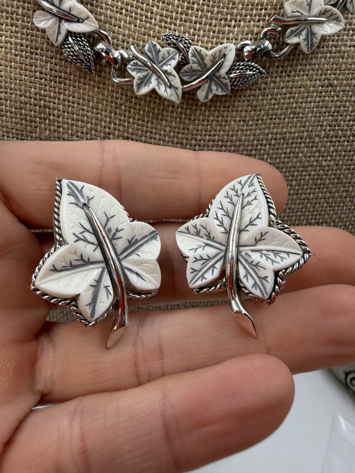 Vintage Boucher Necklace Bracelet Earrings Set White Leaf Silvertone Lot LX