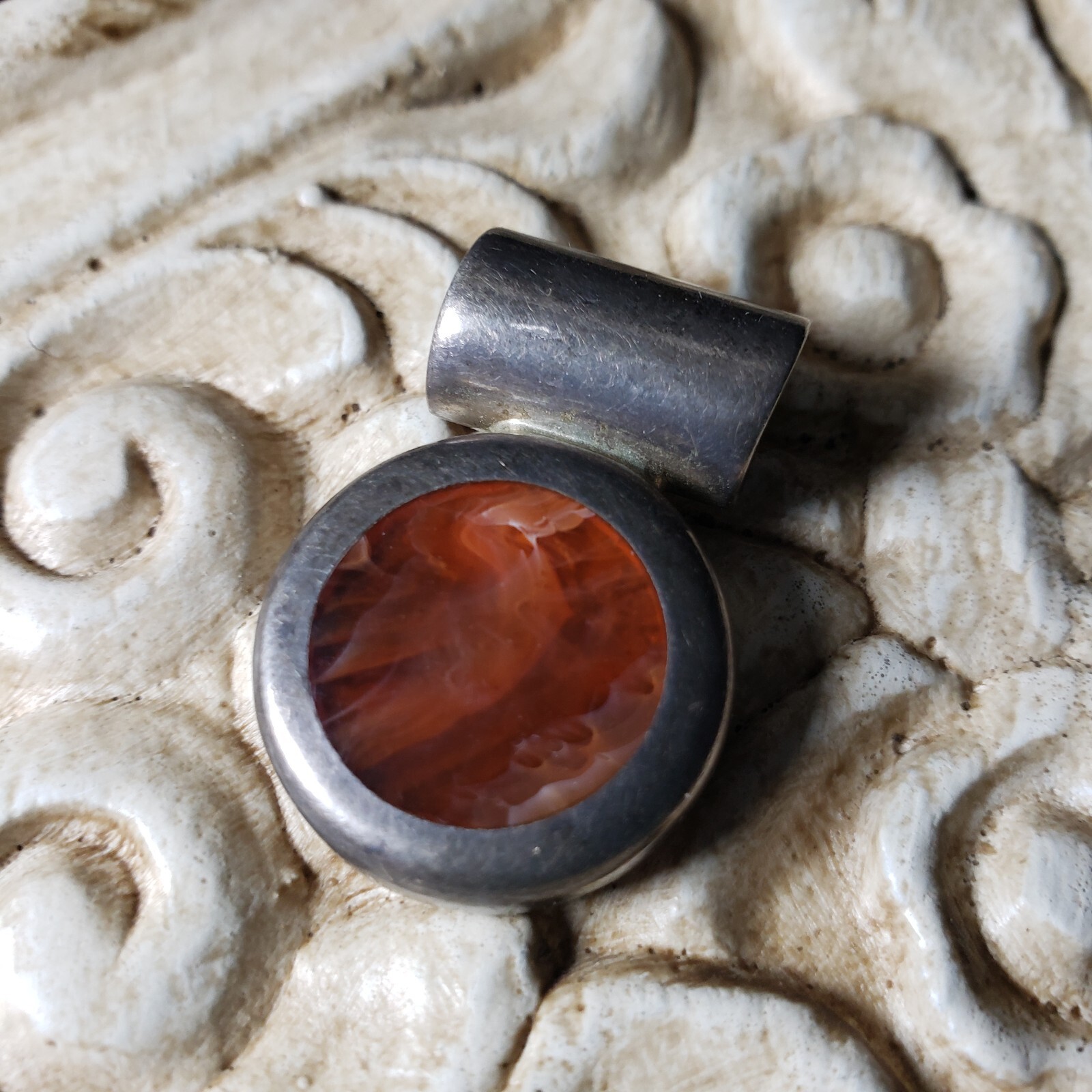 Vintage Necklace Pendant Sterling 925 Silver Agate Southwest Orange Cream Brown