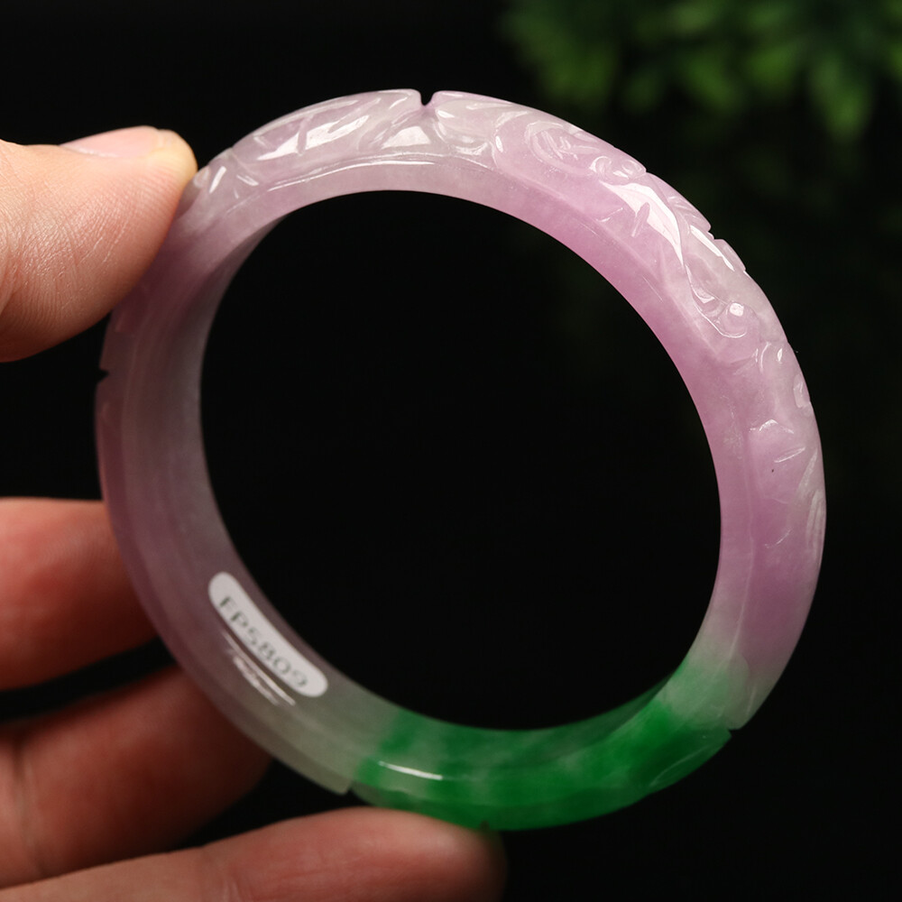 55mm Lavender Purple Green Jadeite Jade Bracelet Bangle Bat Coin 福在眼前 A-11671