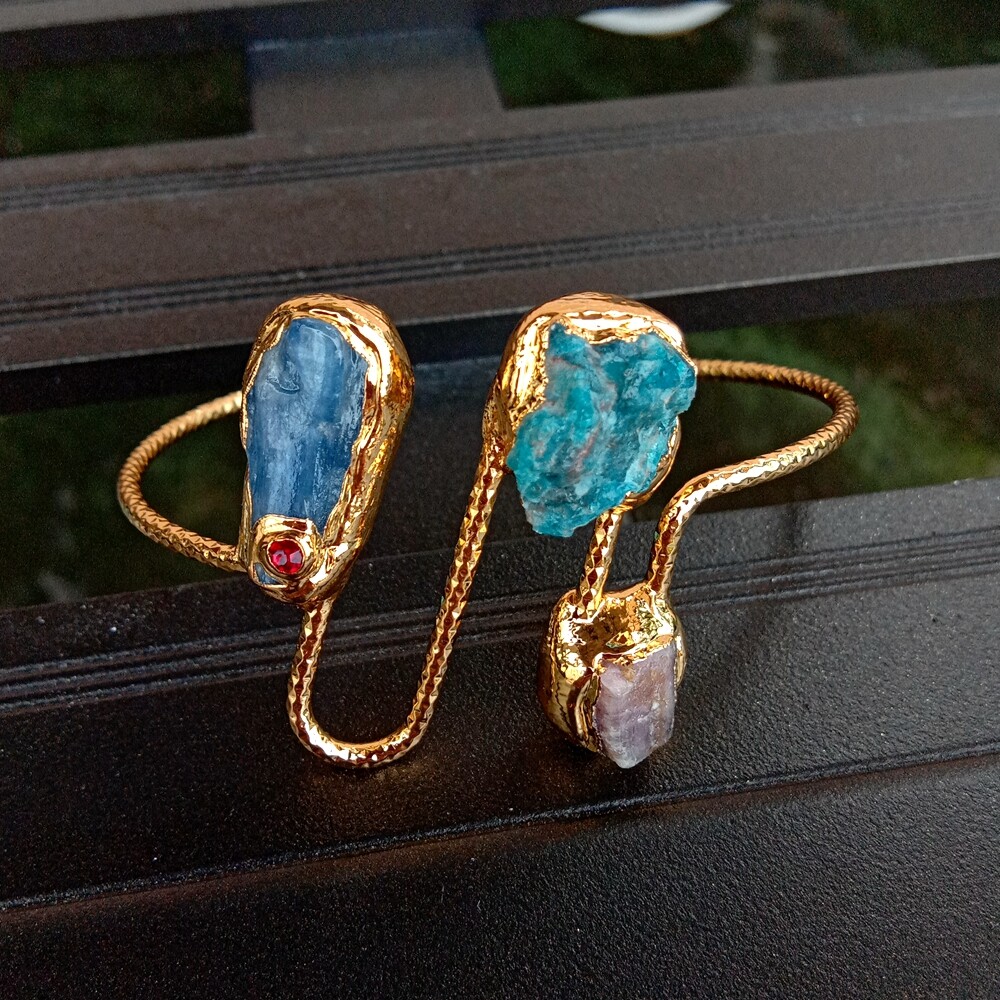 Natural Gemstone Bangle Bracelet Blue Kyanite Apatite Tourmaline Rough Raw Gift