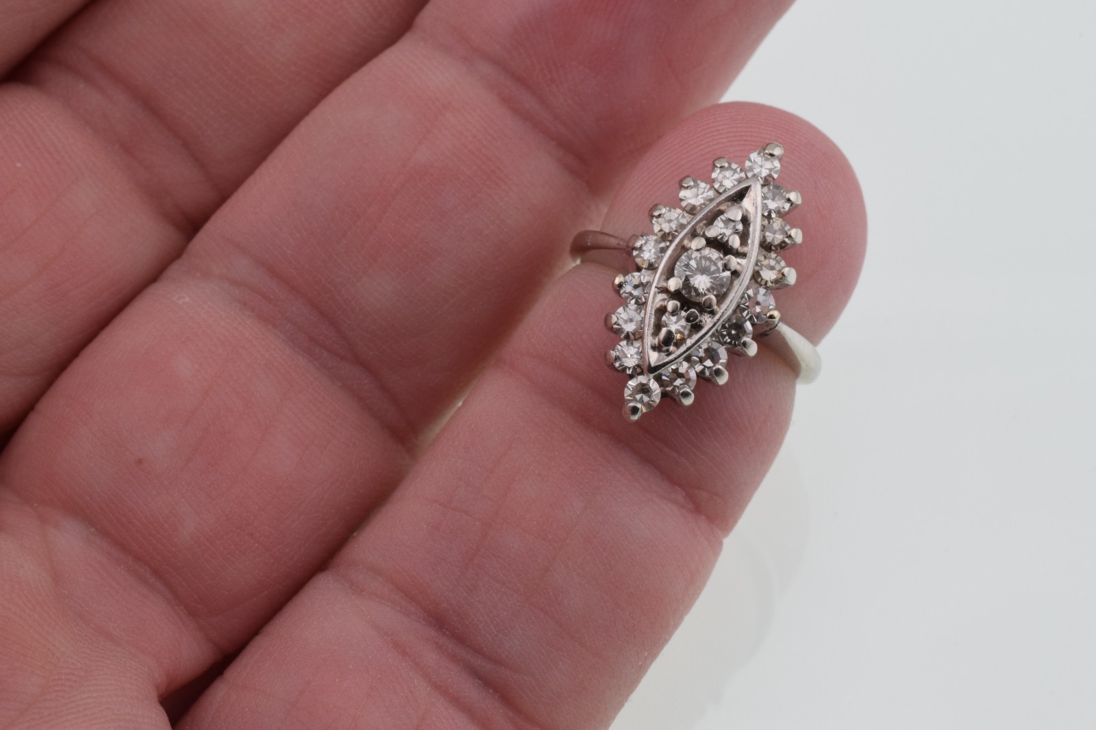 Vintage Diamond Cluster Shield Ring in 10k White Gold .60 Carats Size 3.75