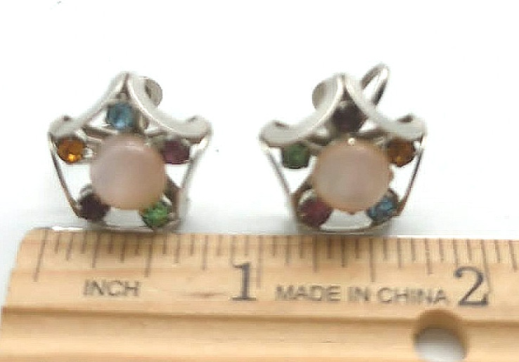 Vintage Jelly Belly Style Rhinestone Silver Tone Pentagon Screw Back Earrings
