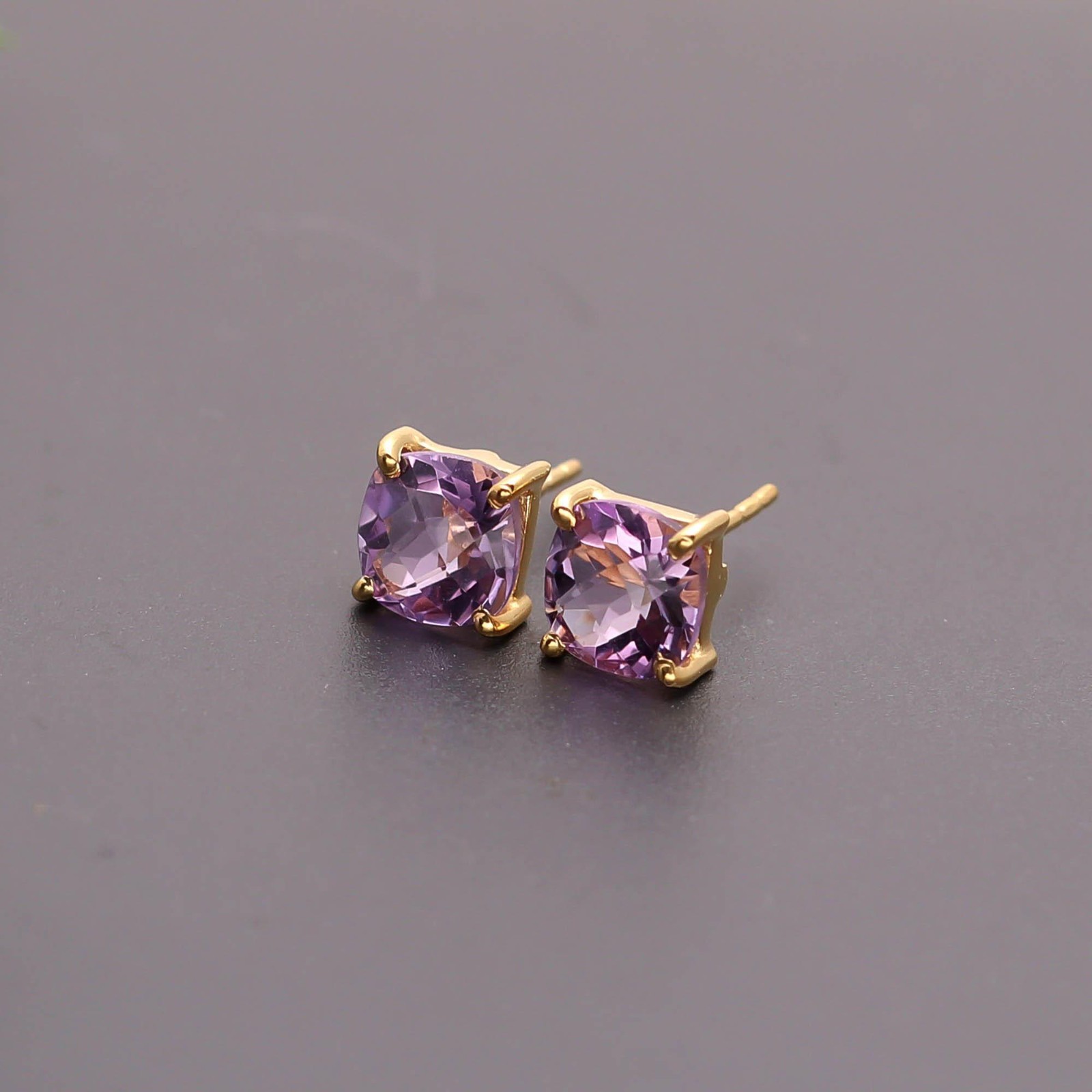 100% Natural Pink Amethyst Cushion Stud Earrings Gold Fill Solid Silver Jewelry