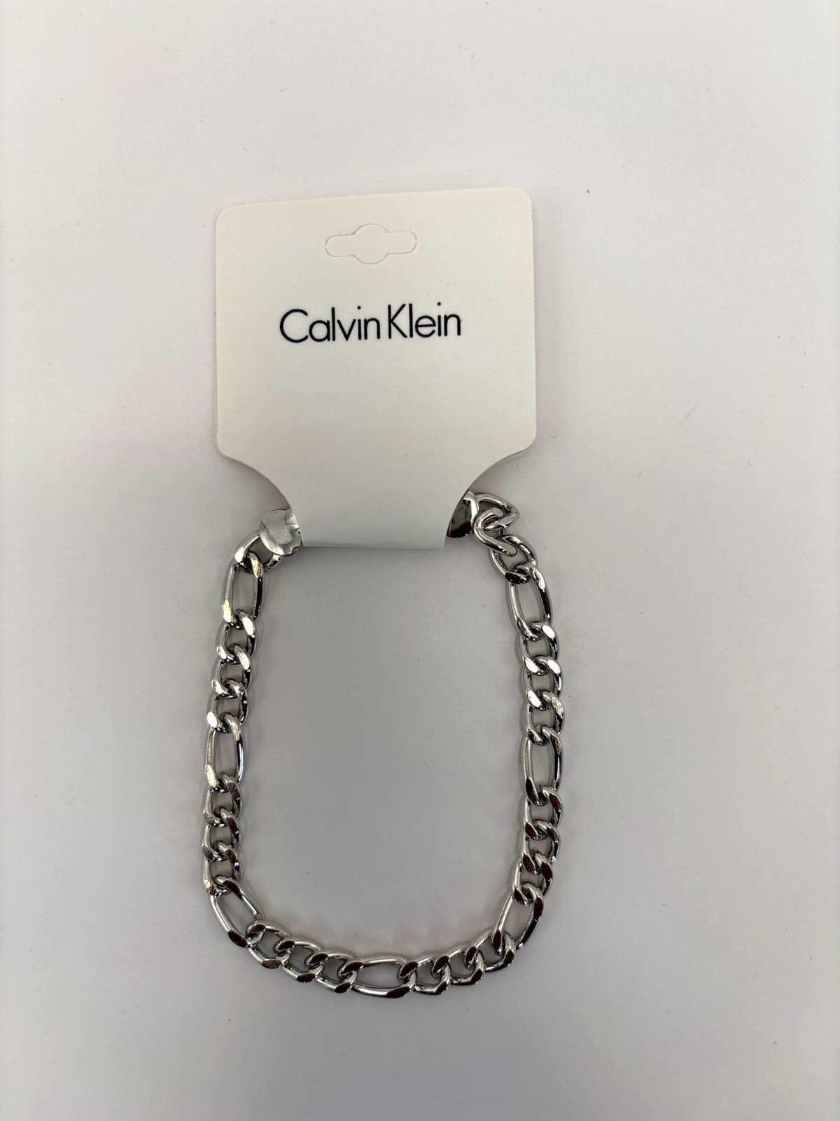 Calvin Klein Mens 14k White Gold Plated Silver Tone Figaro Chain Bracelet NEW