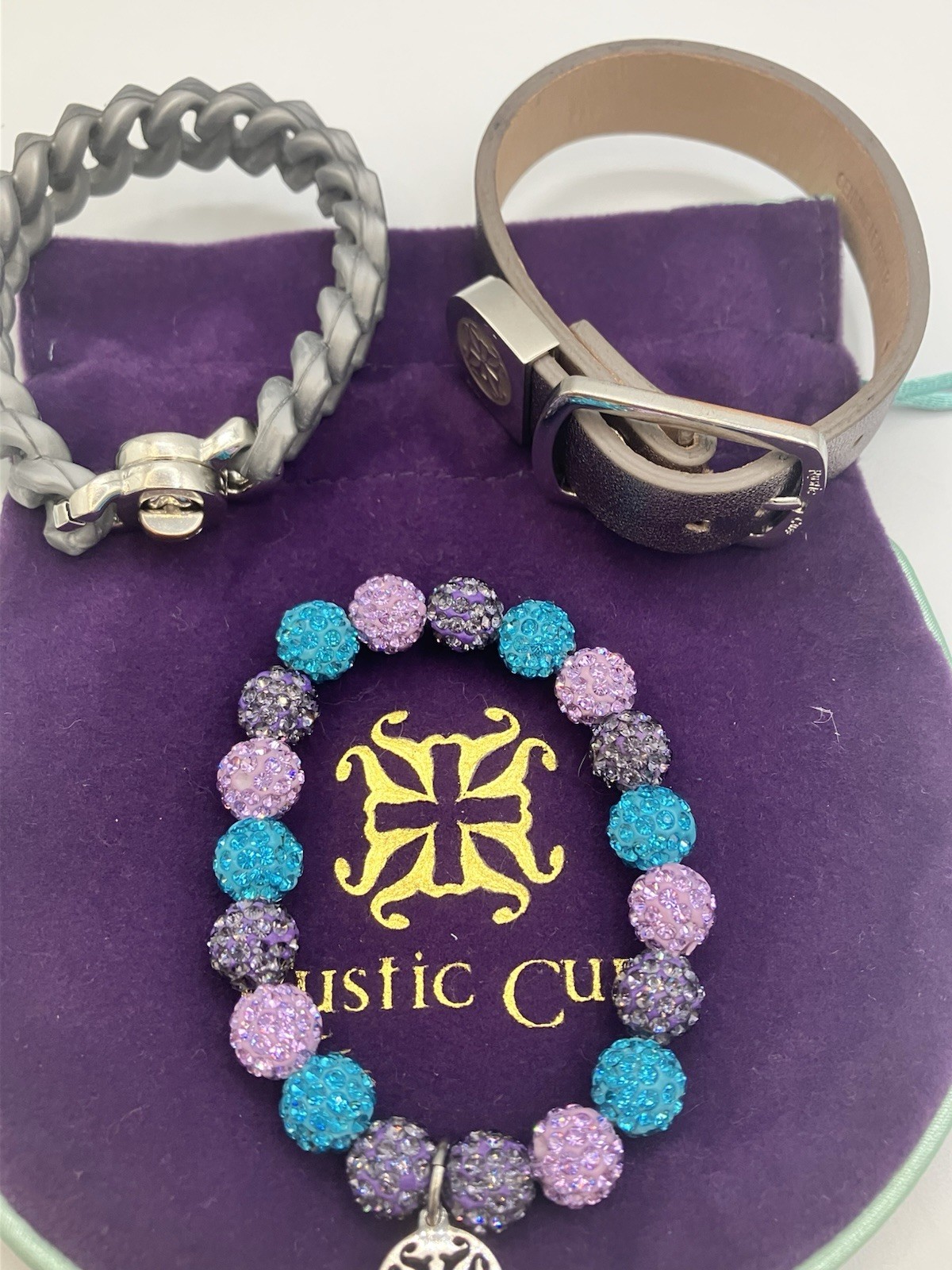 Rustic Cuff 3 Pc Bracelet Stack Gray Chain Purple Teal Crystal Leather RC Set