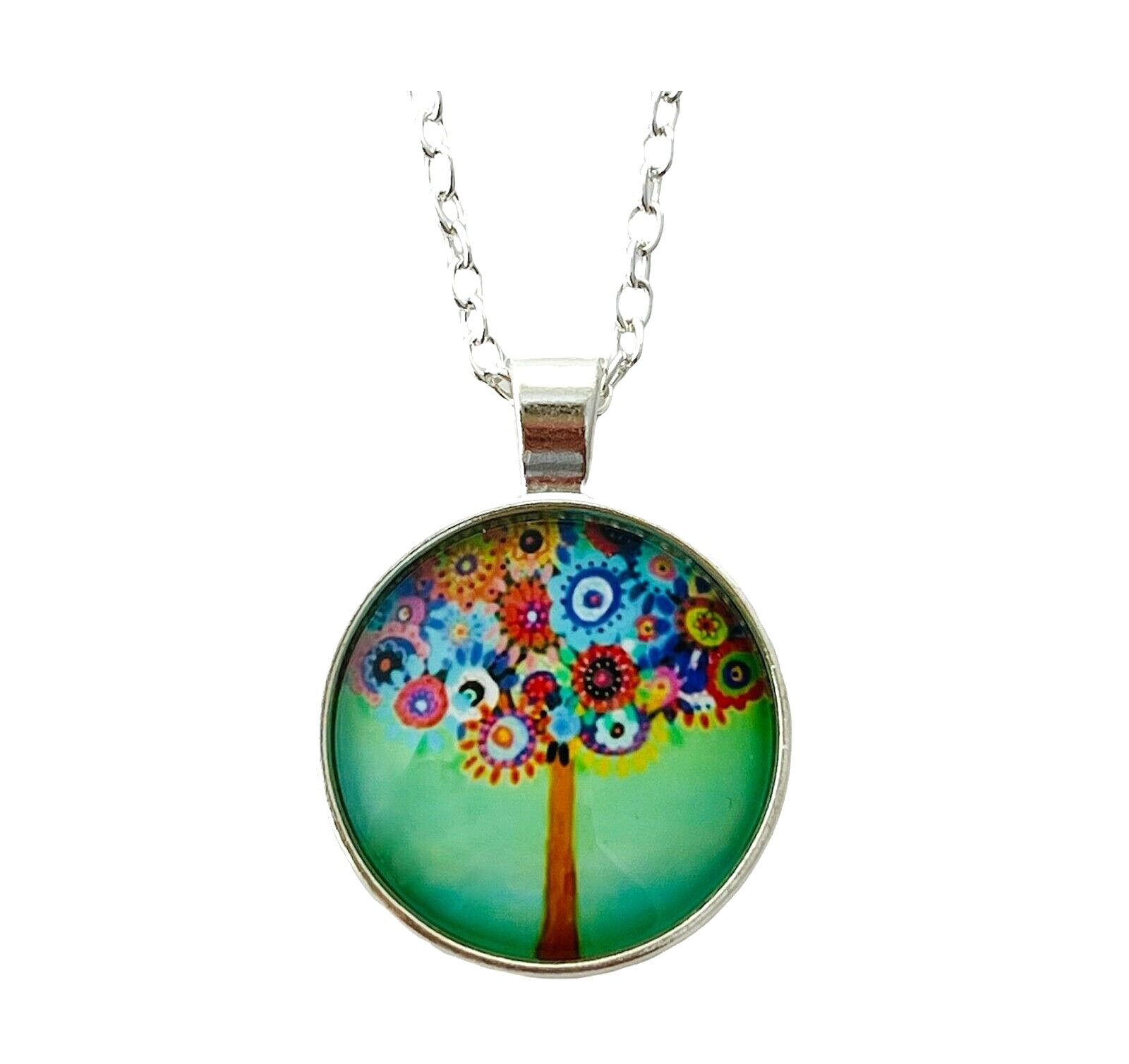 Colorful Flower Floral Tree Of Life Glass Domed Cabochon Chain 18″ Necklace