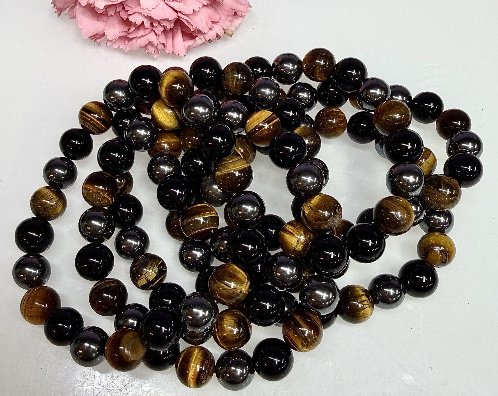 Wholesale 6 Pcs Natural Tiger Eye Hematite Black Onyx 10mm 7.5” Crystal Bracelet