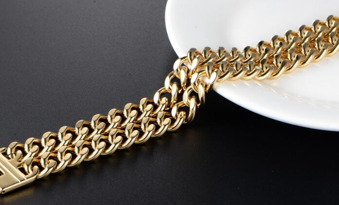 18mm 9” (23cm) Gold Stainless Steel Smooth Two Rows Curb Link-chain Bracelet
