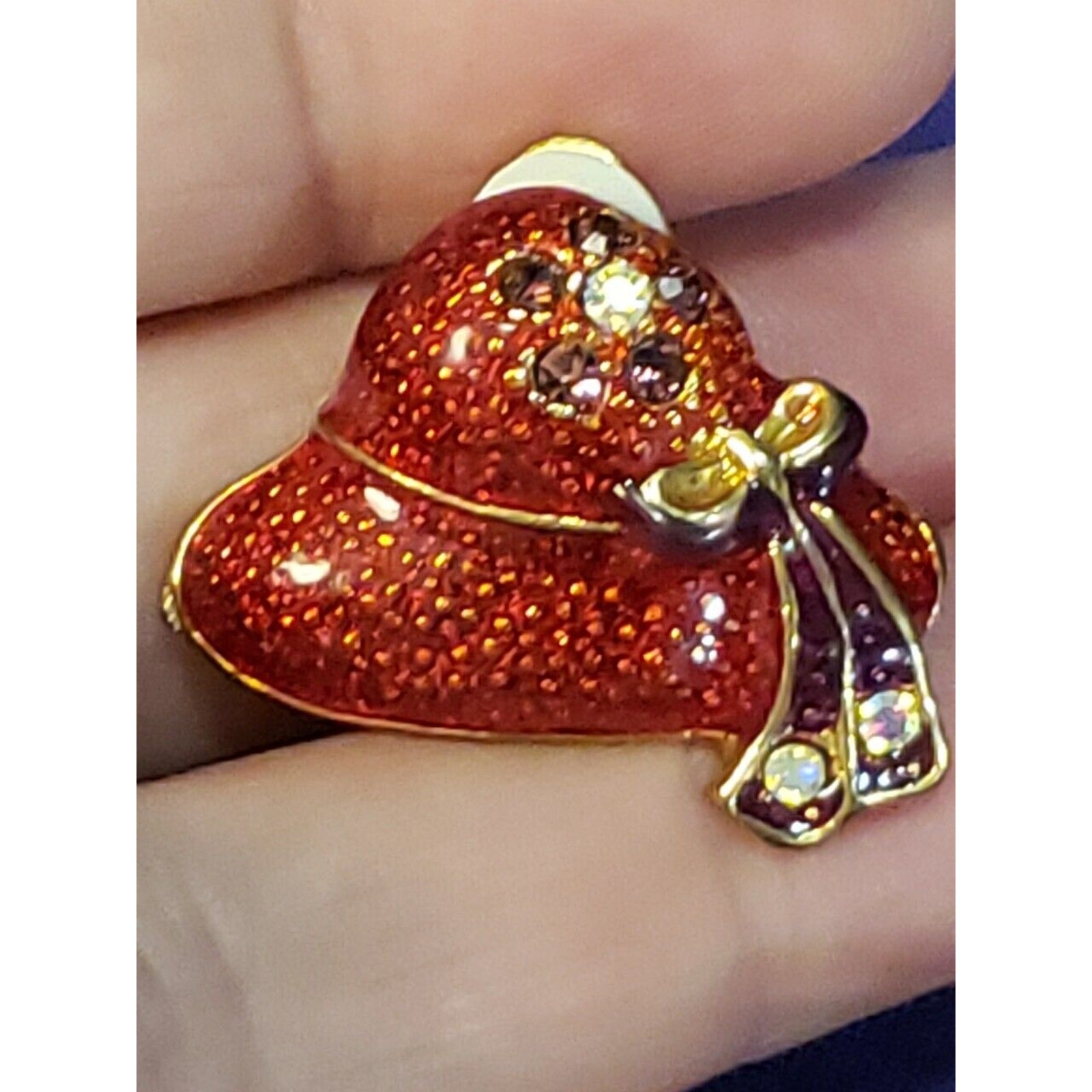 Red Hat Clip On Earrings, Red & Purple Enamel Aurora Borealis Crystals Gold Tone