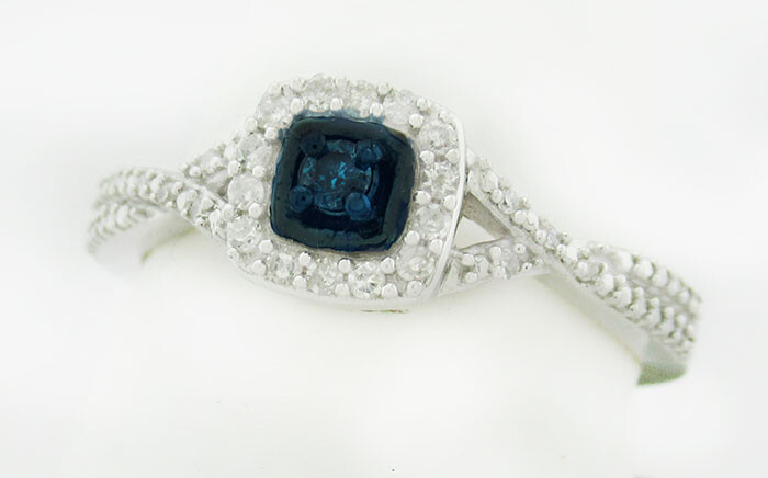 GENUINE 0.38 Cts BLUE & WHITE DIAMONDS ENGAGEMENT RING .925 Silver *NEW WITH TAG