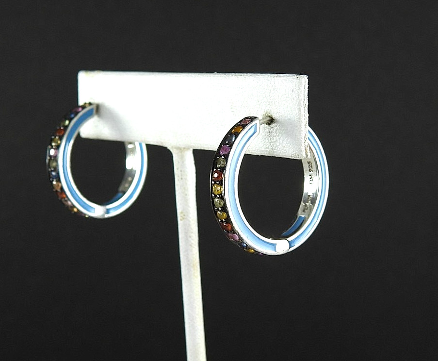 Vintage EFFY Balissima 925 Sterling Silver Enamel Multi Gemstone Hoop Earrings
