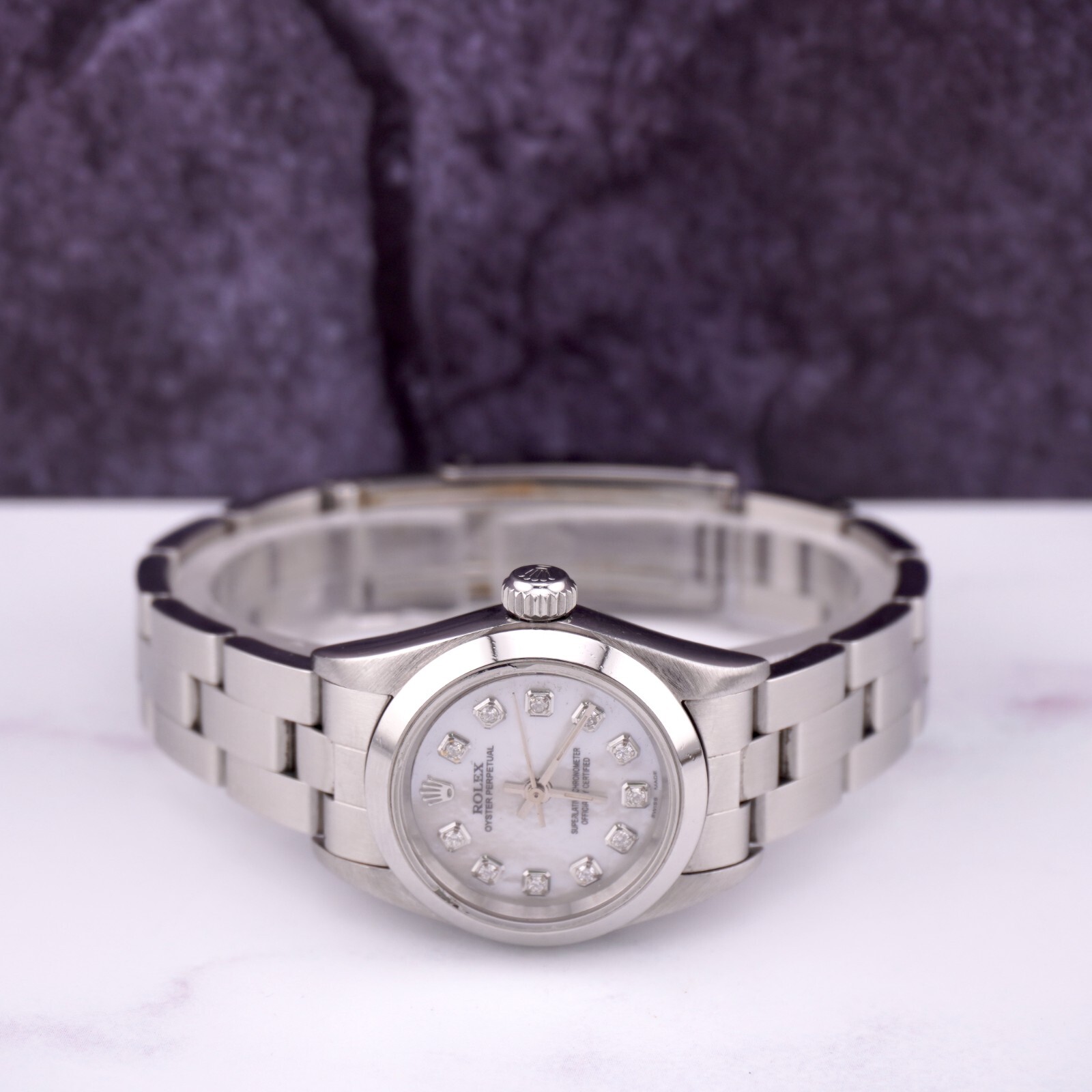 Rolex Oyster Perpetual 25mm Steel White MOP Diamond Smooth Oyster Ladies Watch