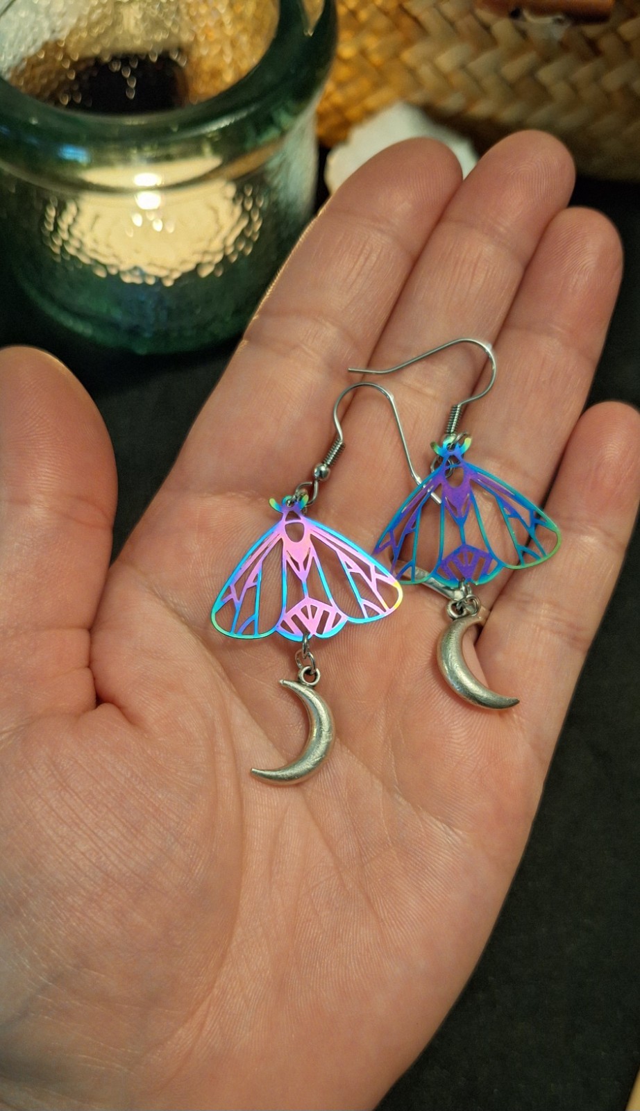 multicolor crescent moon moth earrings || handmade