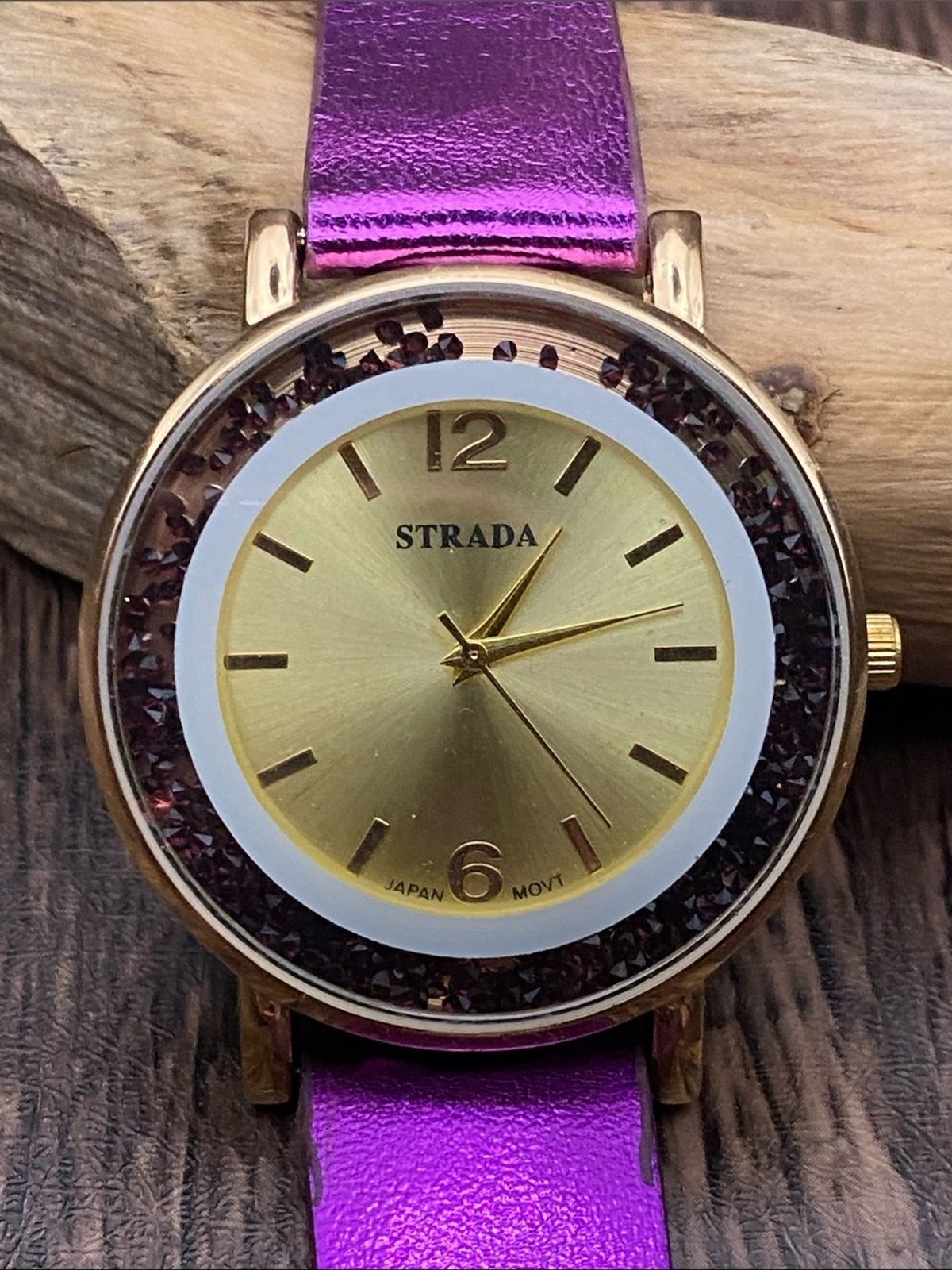 Strada Gold Dial Watch with Metallic Purple Strap and Crystal Accent