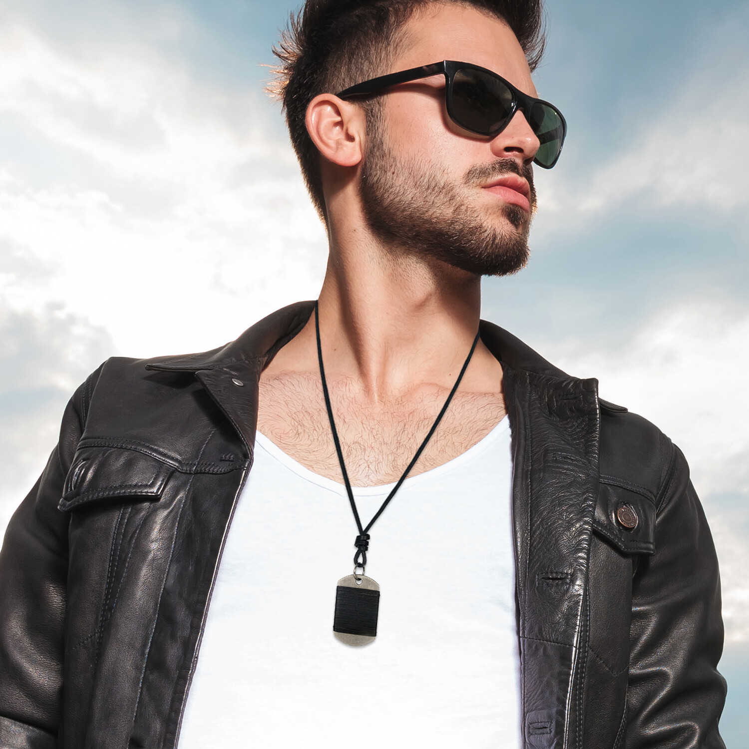 Army Military Dog Tag Men’s Black Leather Pendant Necklace w Adjustable Cord