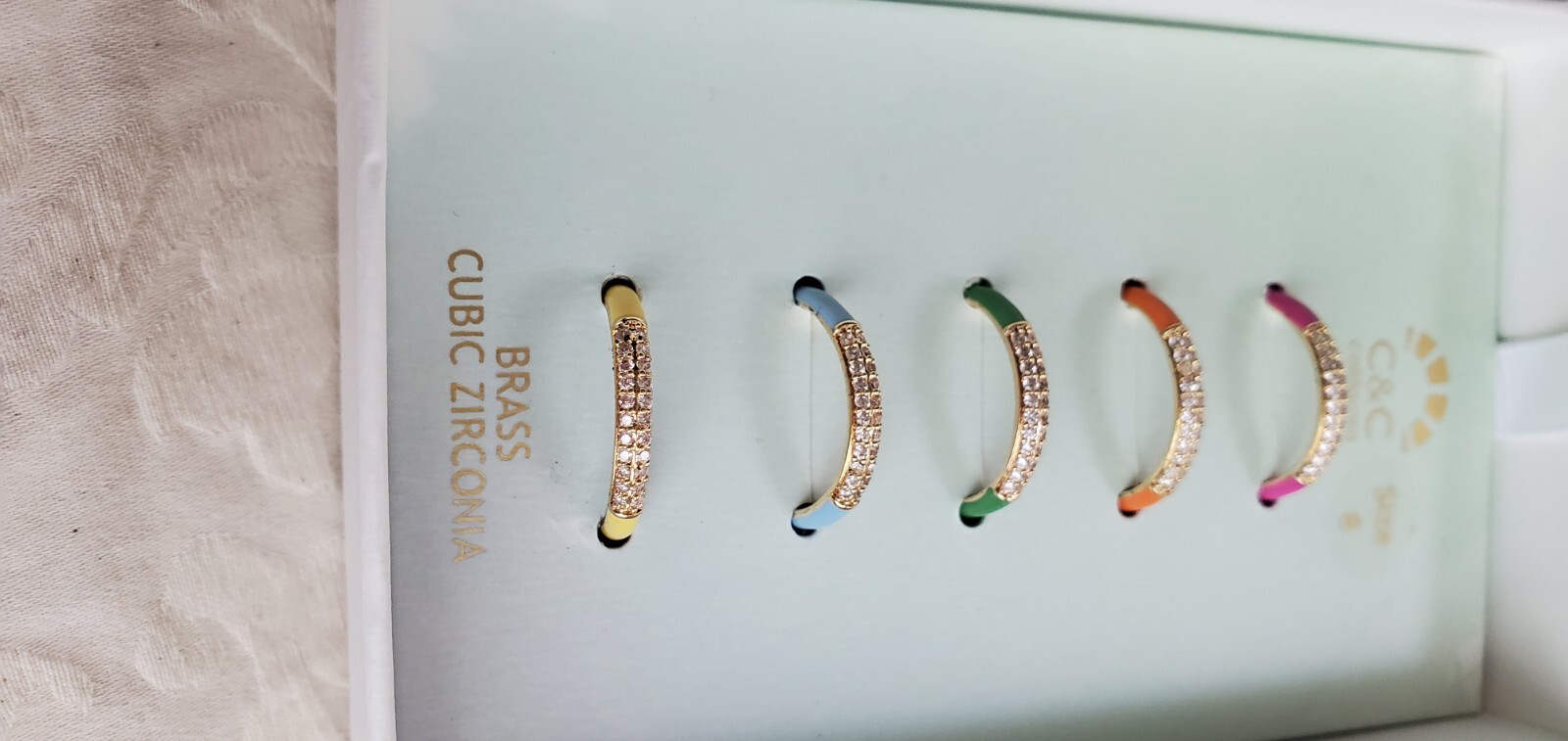 C & C California RING SET Colorful Enamel Brass Cubic Zirconia 5 Rings NEW SZ 8