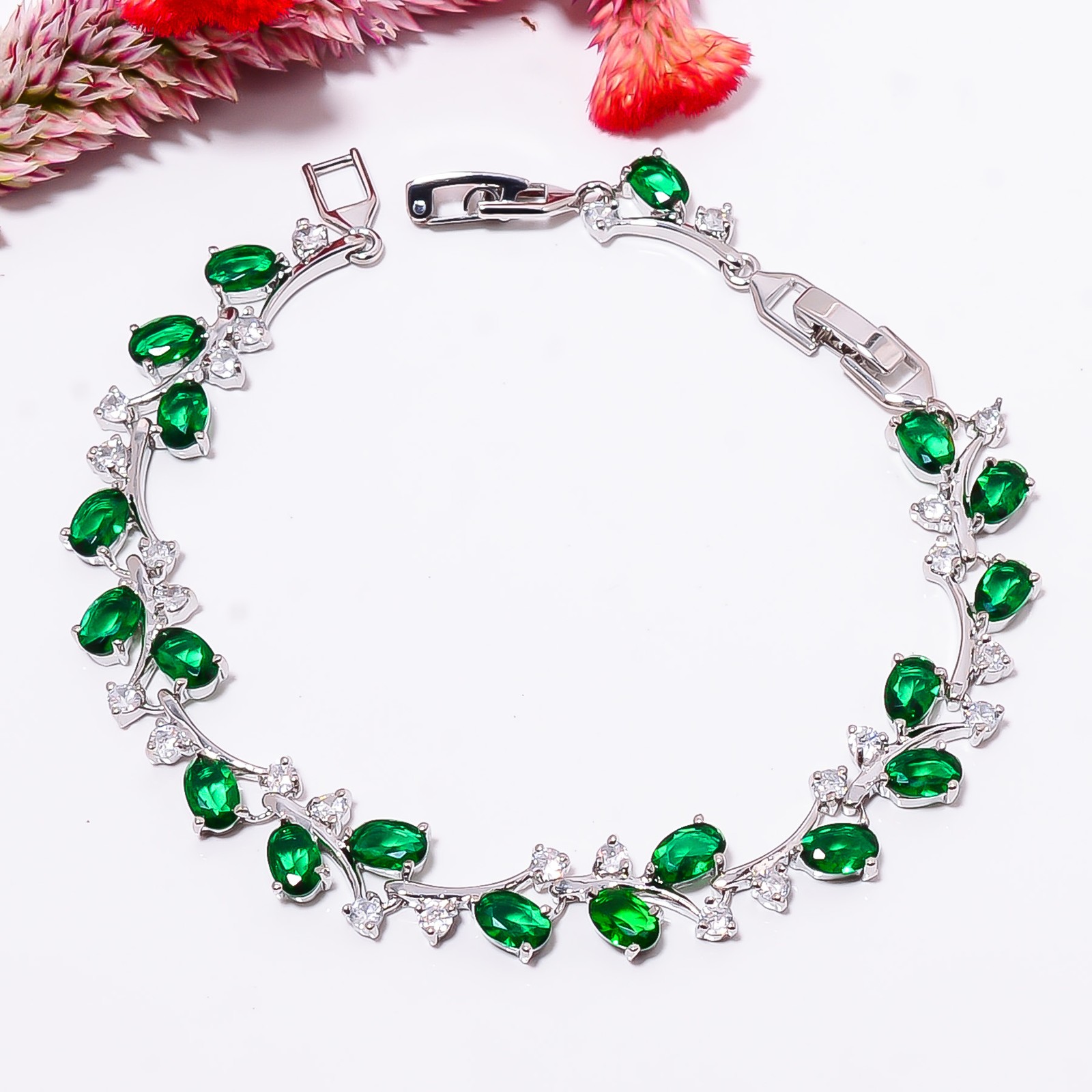 Chrome Diopside, CZ 925 Sterling Silver Tennis Bracelet B12941, Gift for her