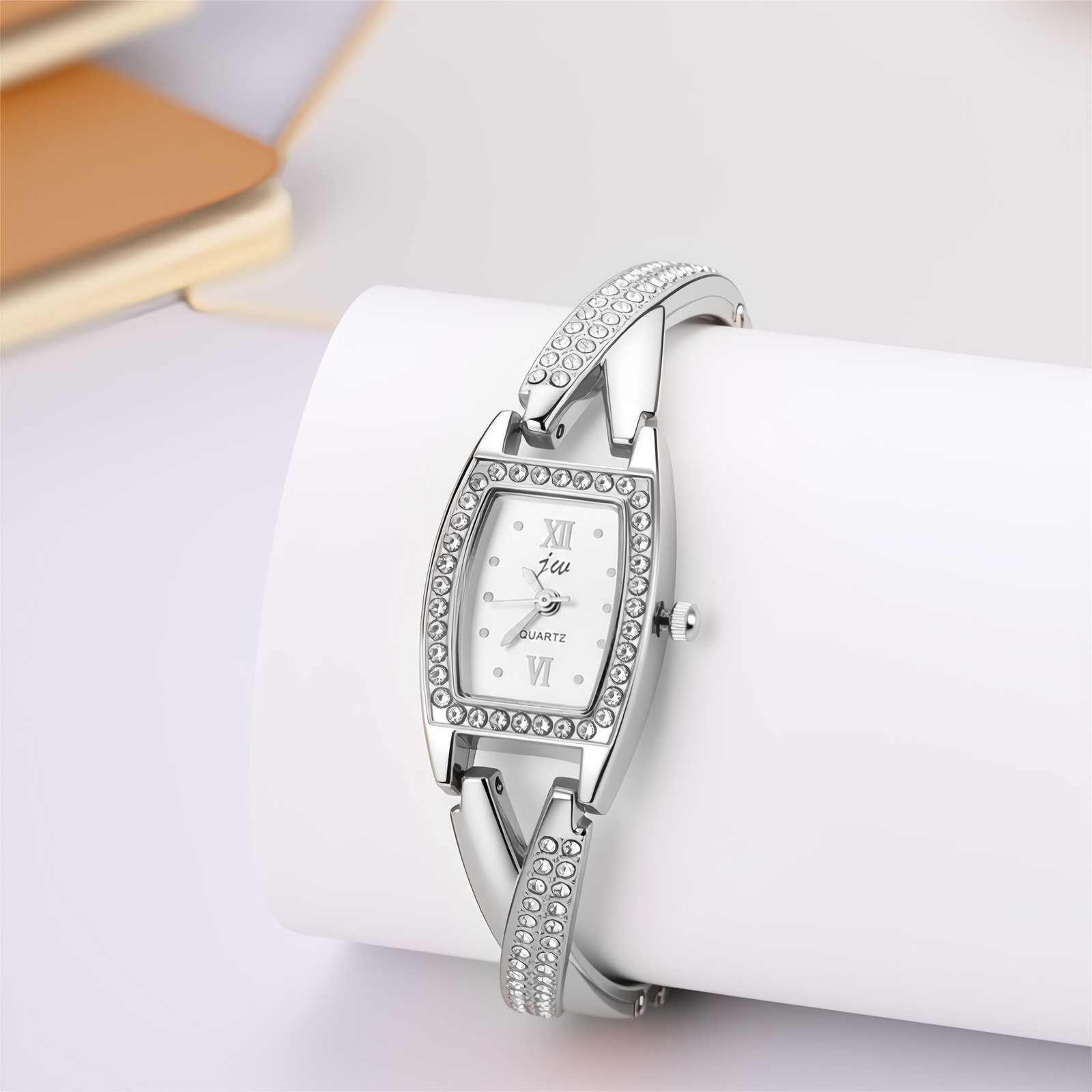 Women’s Elegant Rhinestone Tonneau Barrel Analog Quartz Bracelet Wrist Watch