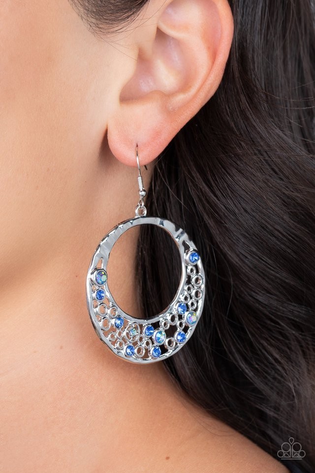 Paparazzi Silver Tone Blue & Irredese Rhinestone Round Dangle Hook Earrings