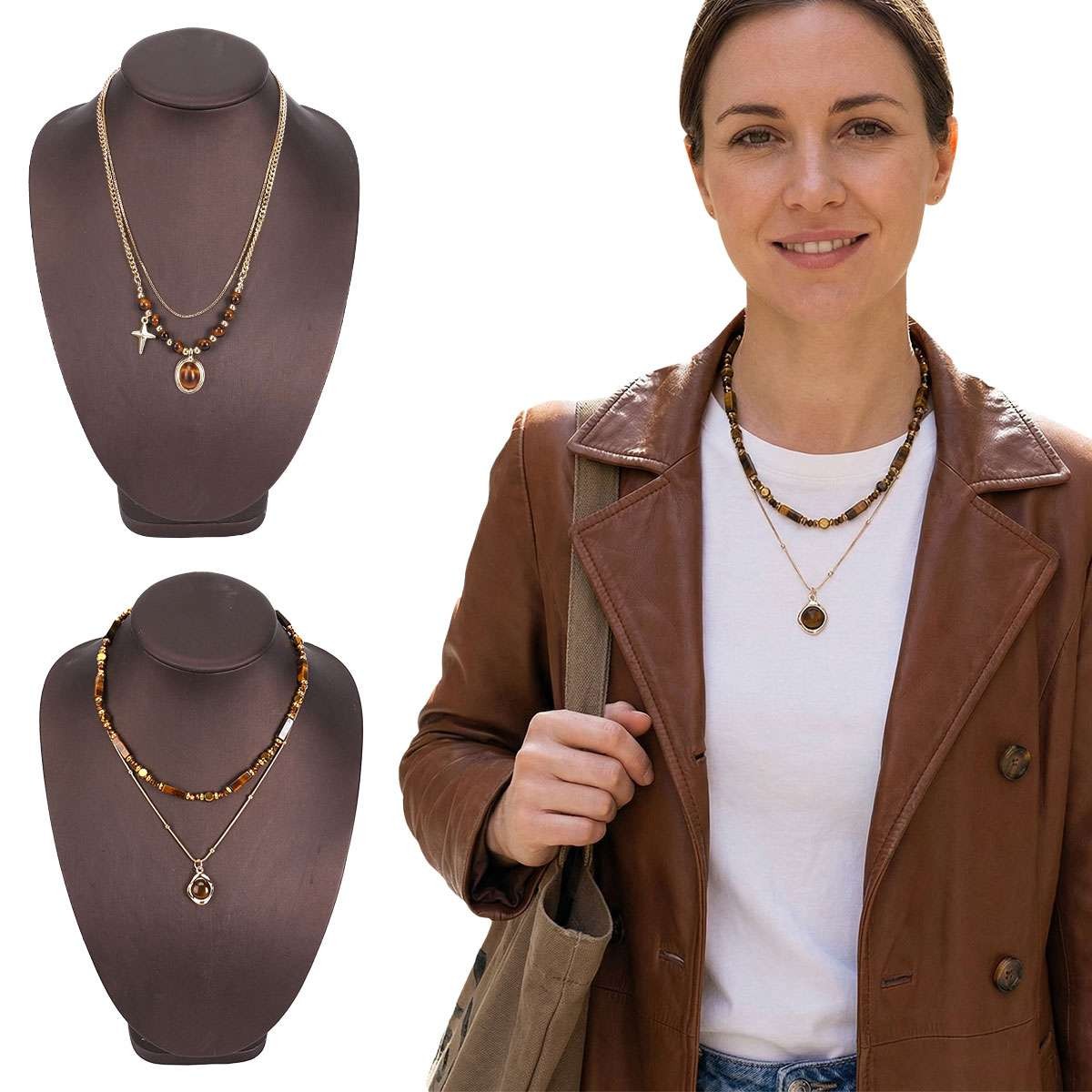 Tiger eye Beaded Necklace Healing Protection Handmade Women Double Pedant Stone
