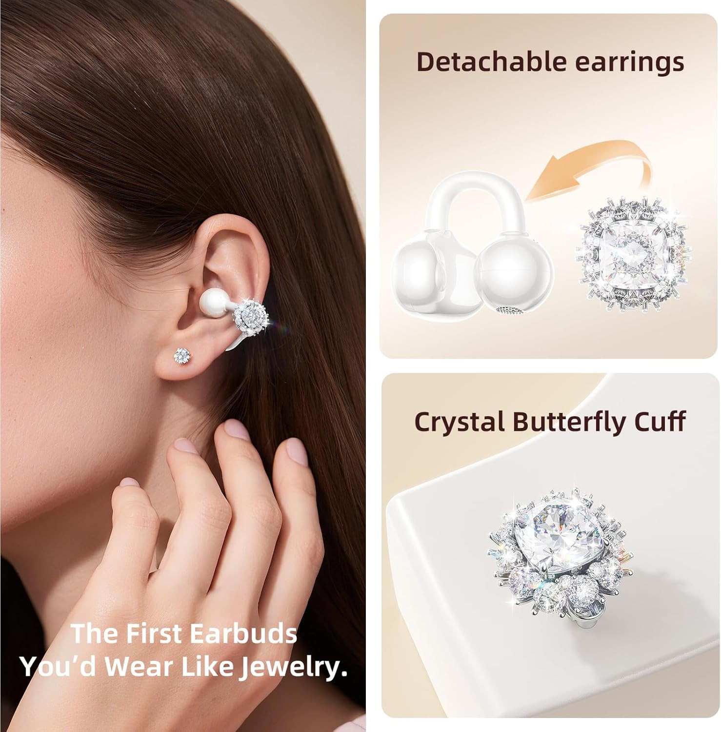 Jewelry-Inspired Clip-On Earbuds with Diamond Earrings, Comfortable Fit & 40H Pl