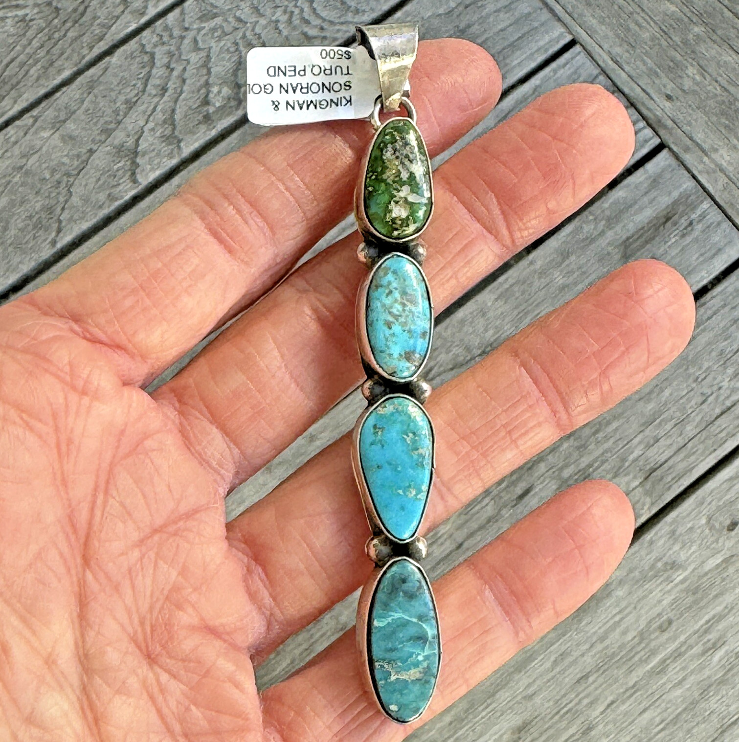 Long Navajo Multi Turquoise Pendant 3.75in Sonoran Gold Sterling Signed T3 Tia