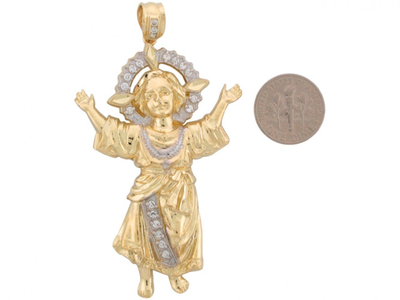 10k or 14k Two Tone Gold 7.2cm White CZ Large Baby Jesus Christian Big Pendant
