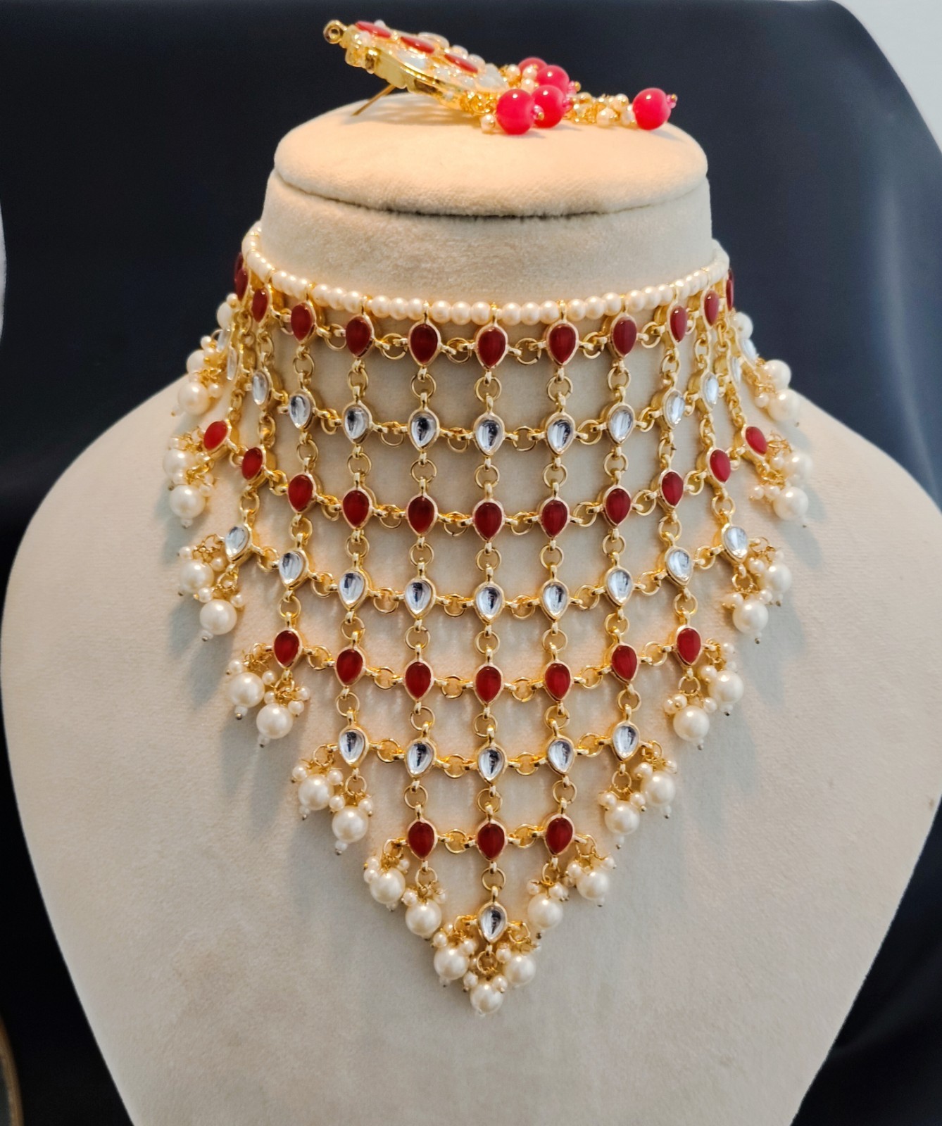 Arfa Pakistani Bridal Layered Ruby Kundan Pearl Choker Necklace Set Roz Jeweller