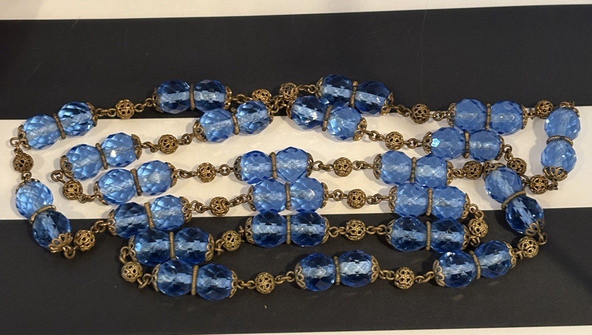 Antique Art Deco Blue Czech Glass & Brass Filigree 34 Inch Necklace 20s-30s