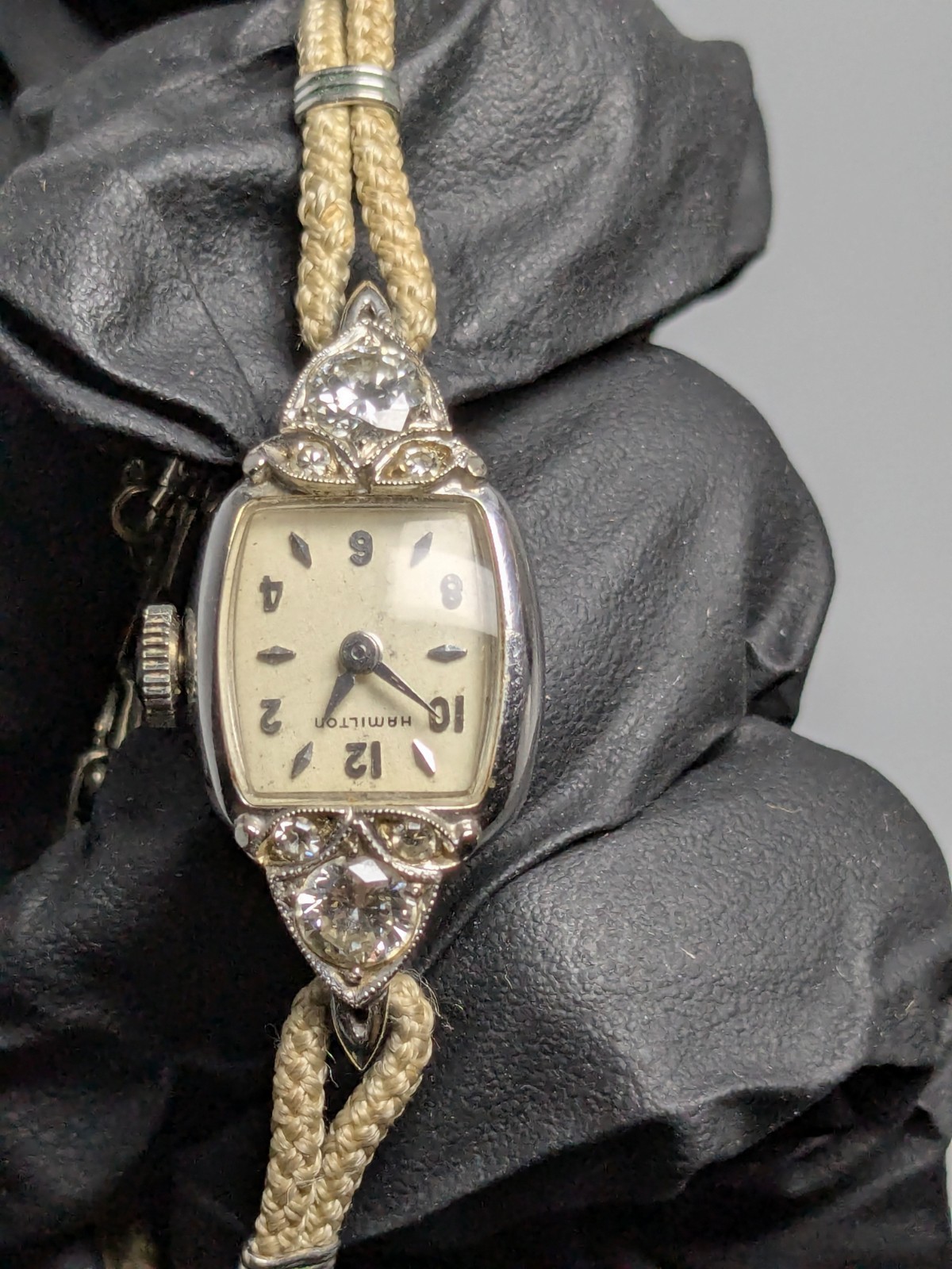 Hamilton 14K White Gold Diamond BIGGS Ladies wristwatch bracelet 17J Customized