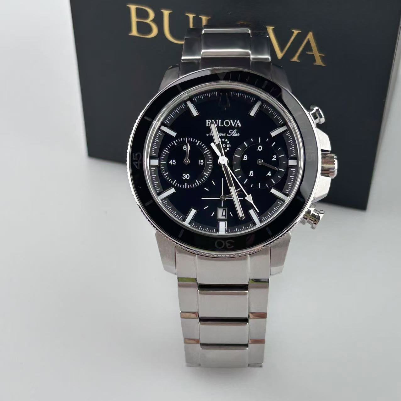 New Bulova Marine Star Black Dial Stainless Steel Men’s Quartz Watch 96B272 45mm
