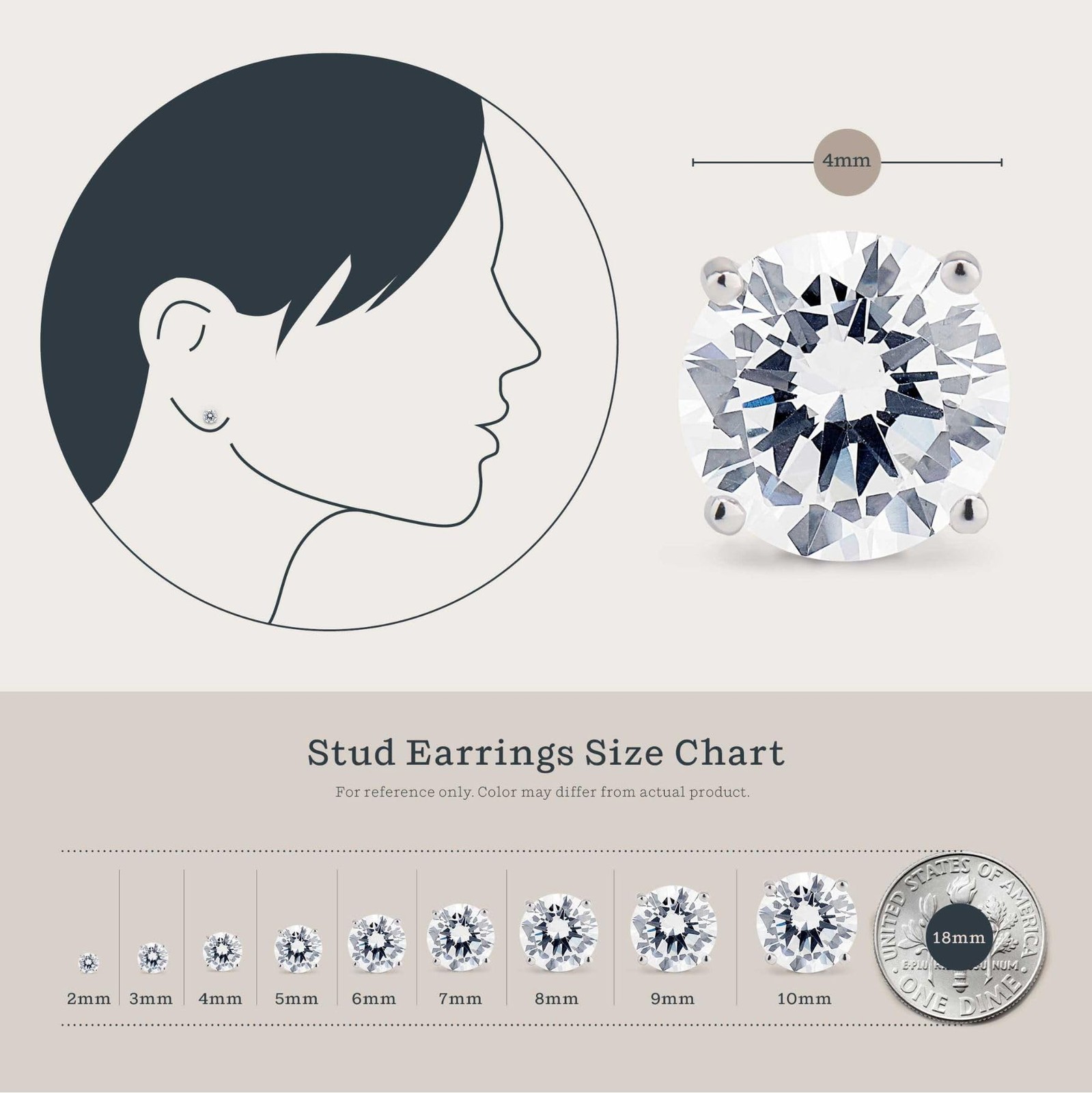KEZEF Sterling Silver Stud Earrings for Women & Men 6mm – Medium 14K White Gold