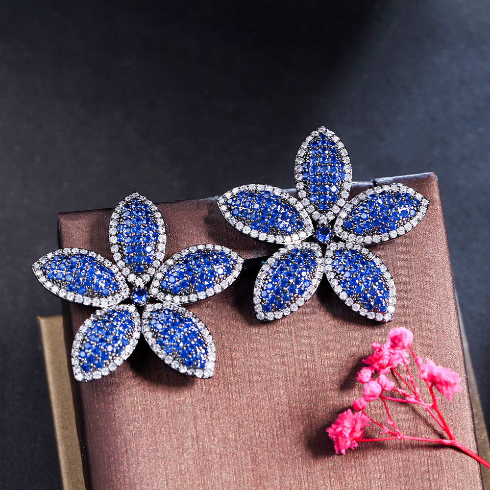Black Gold Plated Blue Cubic Zirconia Flower Stud Earrings 925 Silver CZ Jewelry