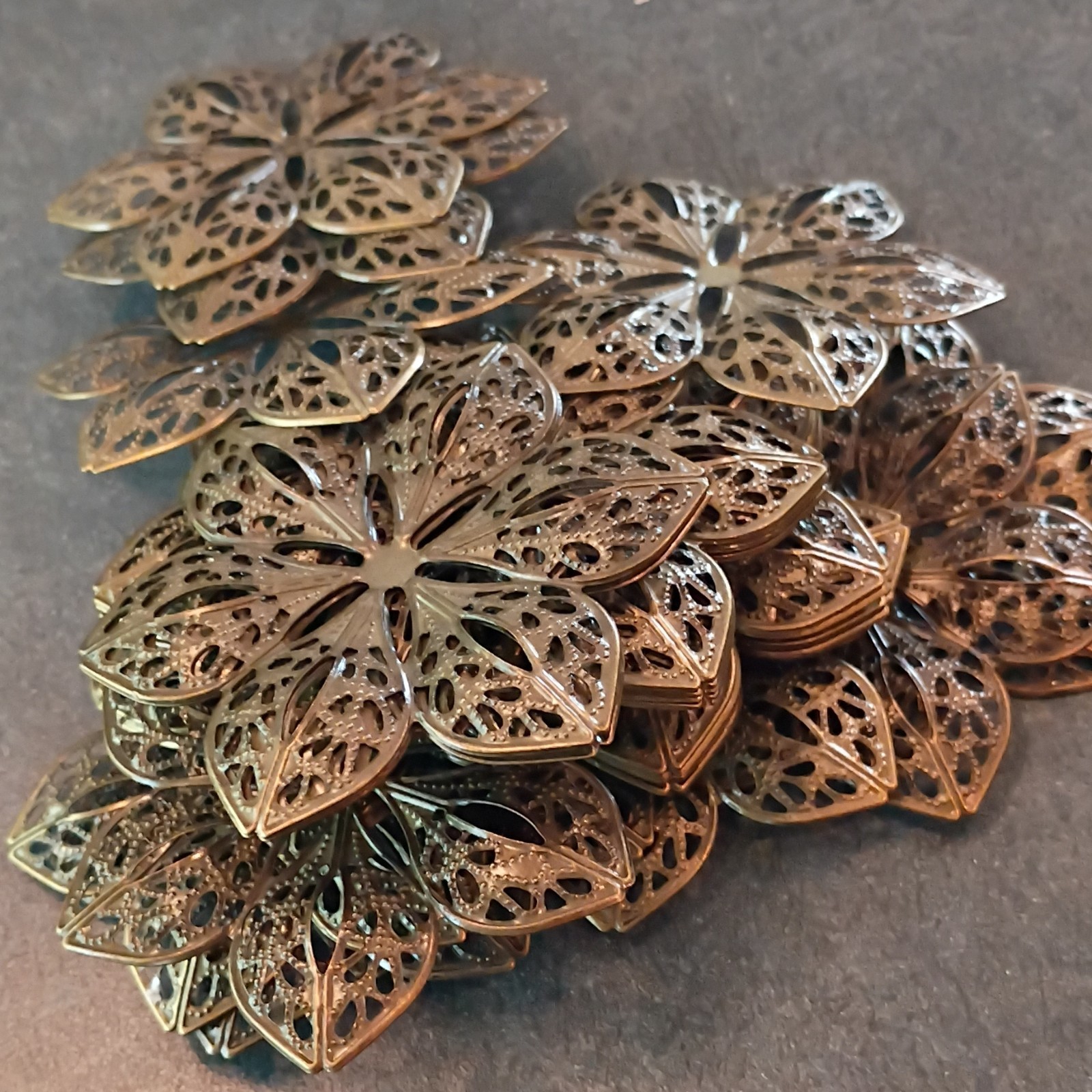 Brass Filigree Flower Stamping Lot, Gold Metal Jewelry Making Findings (30)