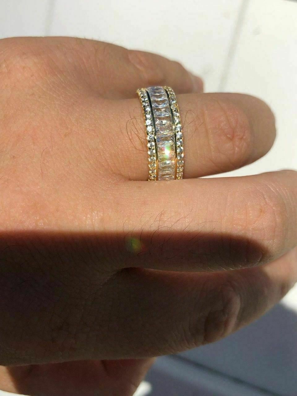Anillo De PLATA 925 Maciza Con Diamantes Baguette Simulados Bañado en Oro 14K