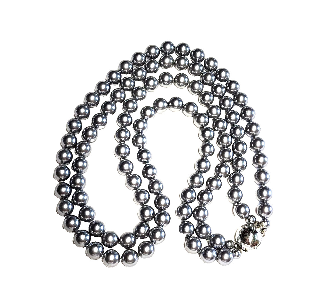 Vintage Silver Gray Long Faux Glass Pearl Necklace Pretty Push Lock Clasp 22”