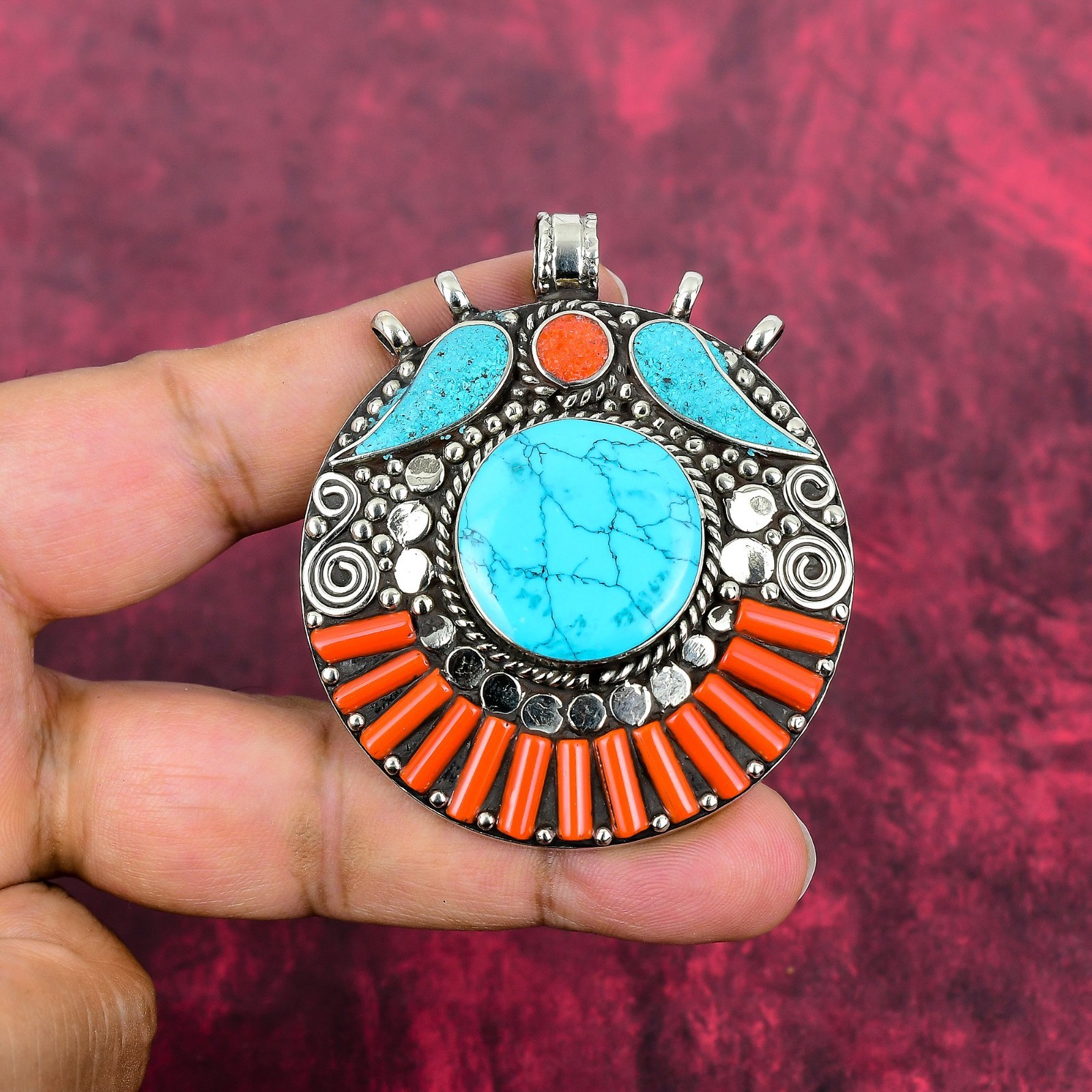 Turquoise, Coral Gemstone 925 Silver Handmade Ethnic Nepali Pendant Jewelry