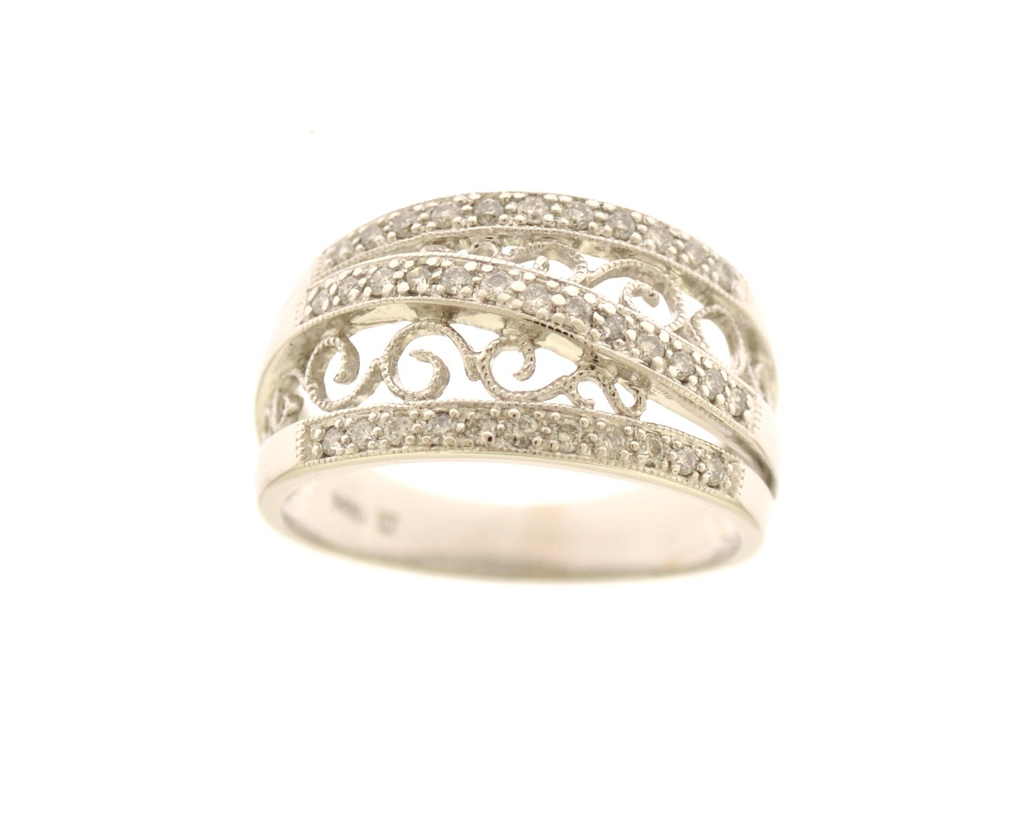 14K White Gold 11.50mm Wide .25 Carat Round Diamond Filigree Band