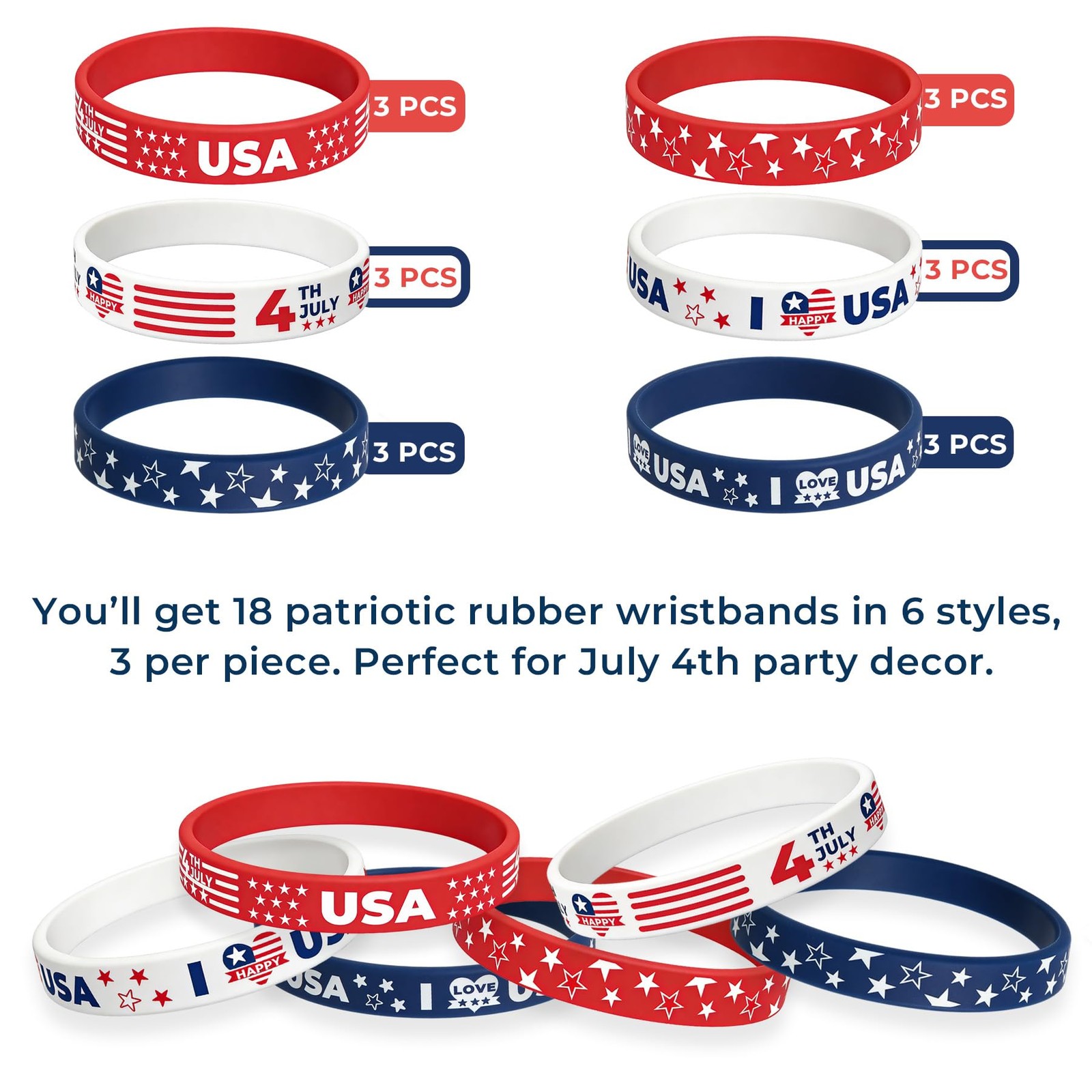 American Flag Silicone Bracelet 18 Pcs 4th of July Patriotic Wristbands | Red Wh