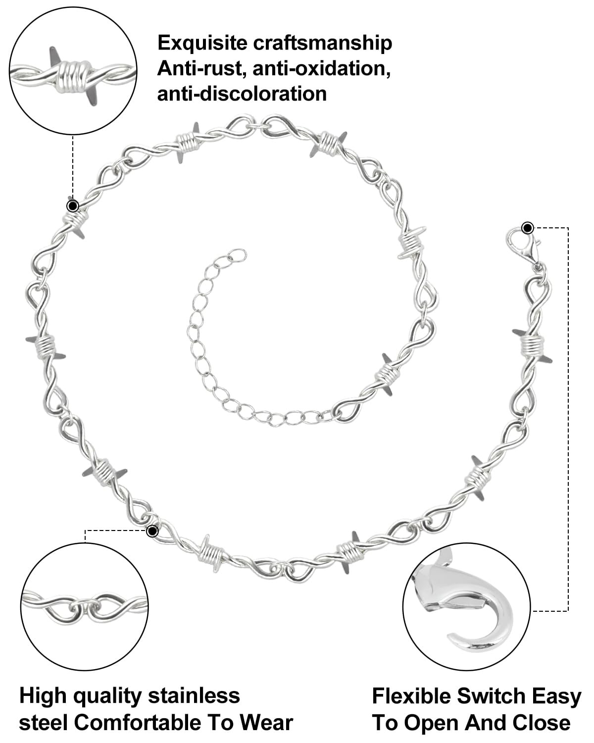 LuxGoth Alloy Steel Barbed Wire Thorns Stab Collar Necklace One Size, Silver