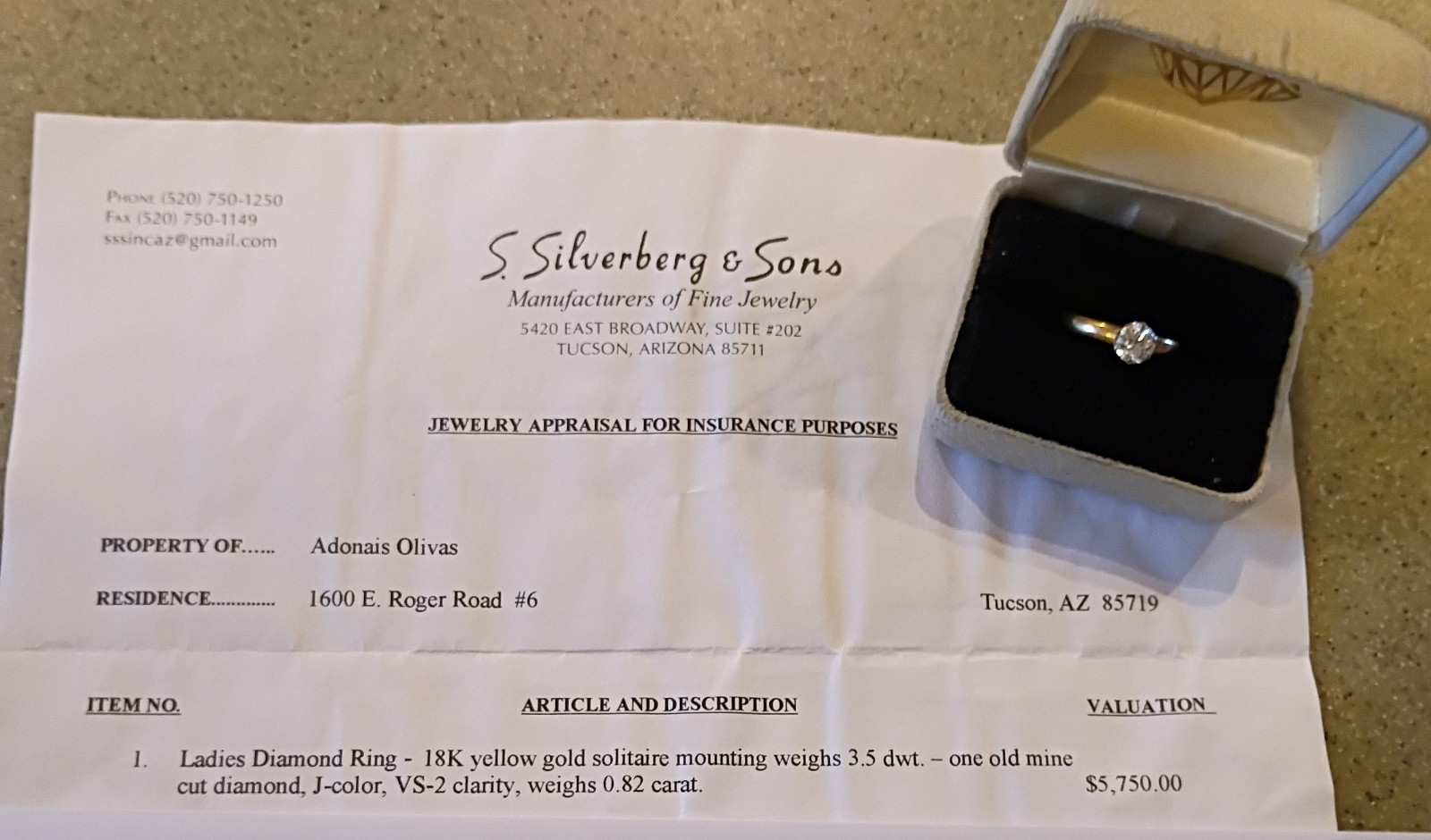 S. Silverberg & Sons 18K Yellow Gold Old Mine Cut 0.82ct VS2 J Solitaire Ring 6